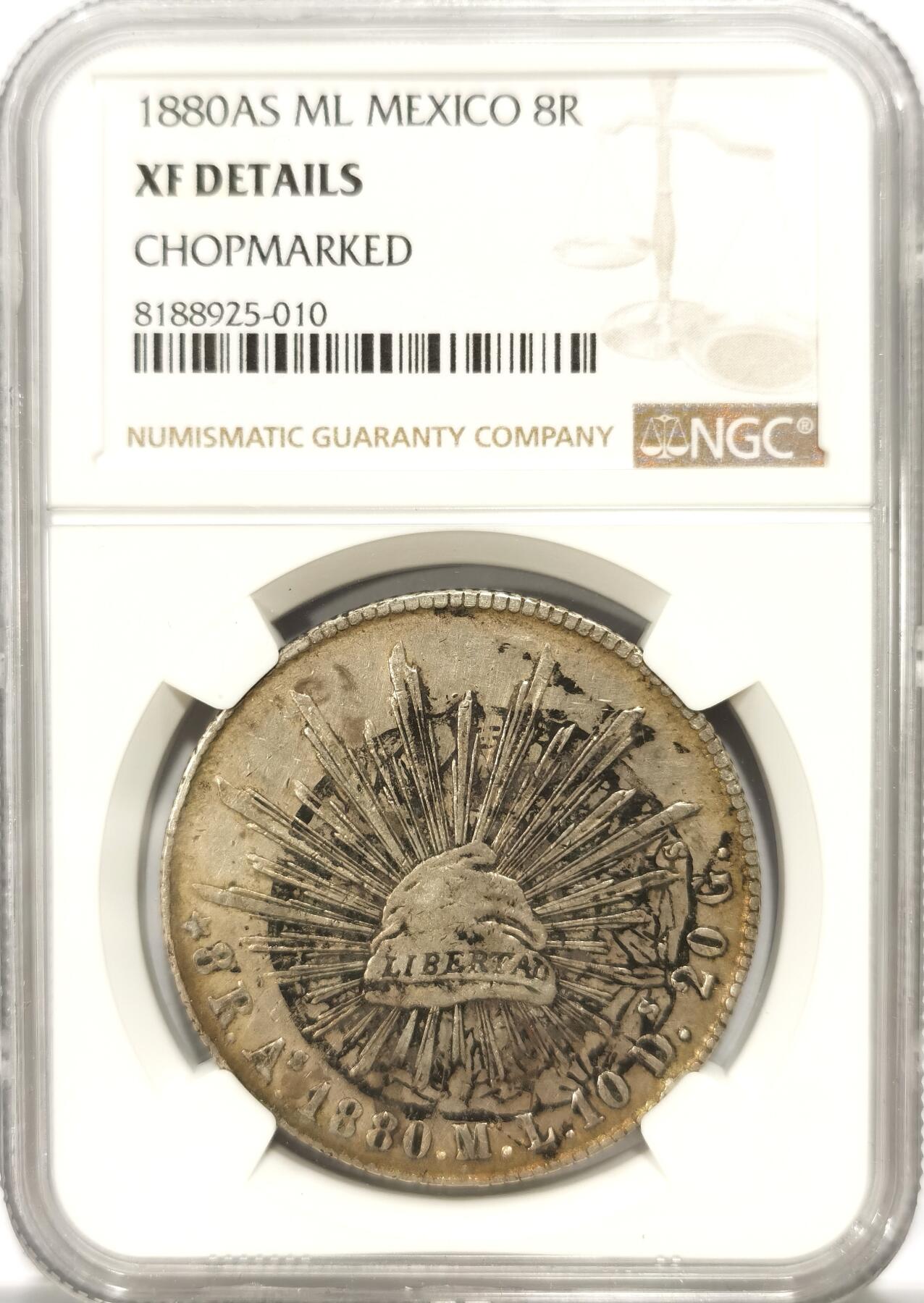 博洋堂世界钱币拍卖第104期（全场包邮） NGC XF 墨西哥1880AS ML好版花边鹰洋  完整双面墨戳