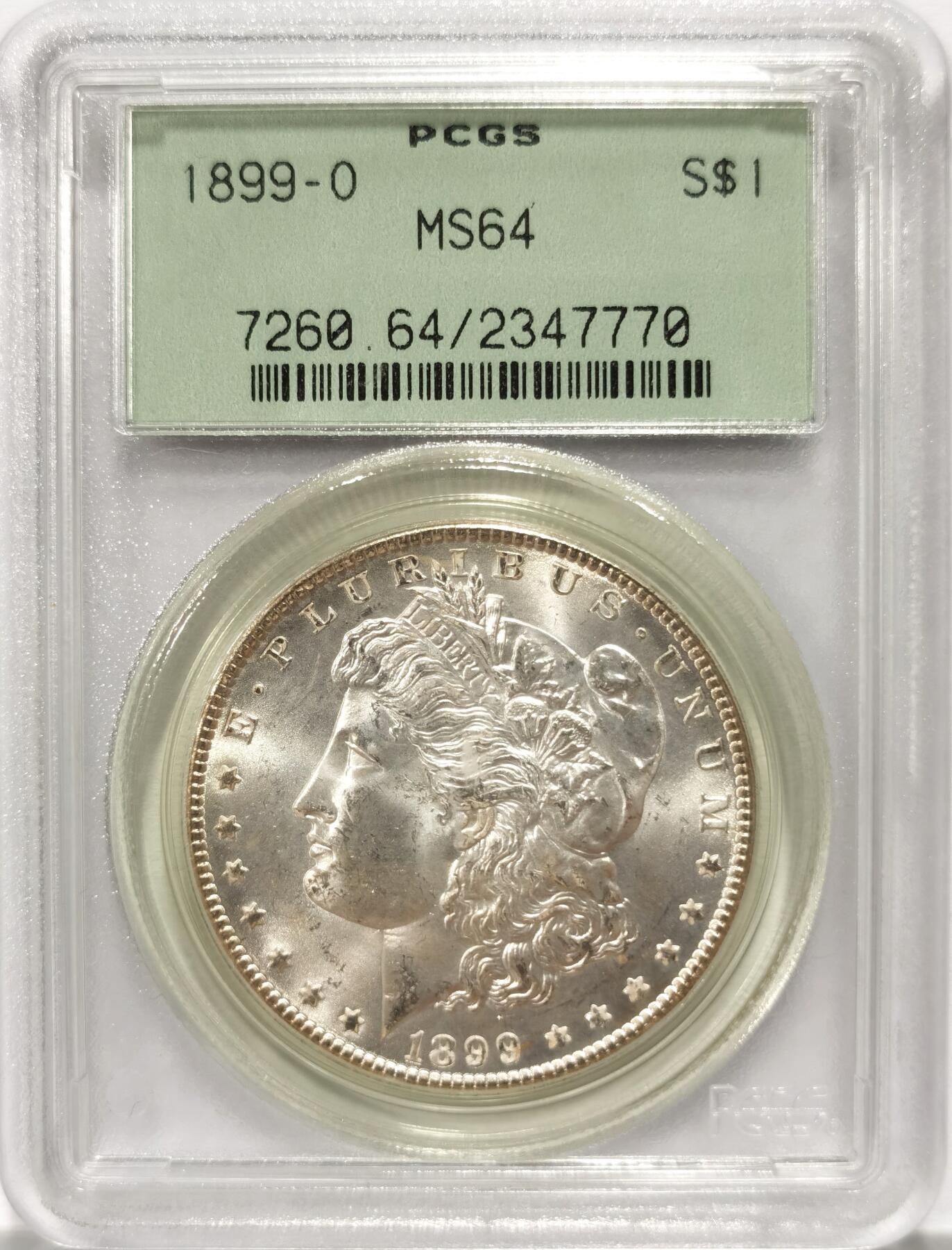 博洋堂世界钱币拍卖第104期（全场包邮） PCGS MS64 美国1899-O摩根大银币，少见7位数绿标老盒