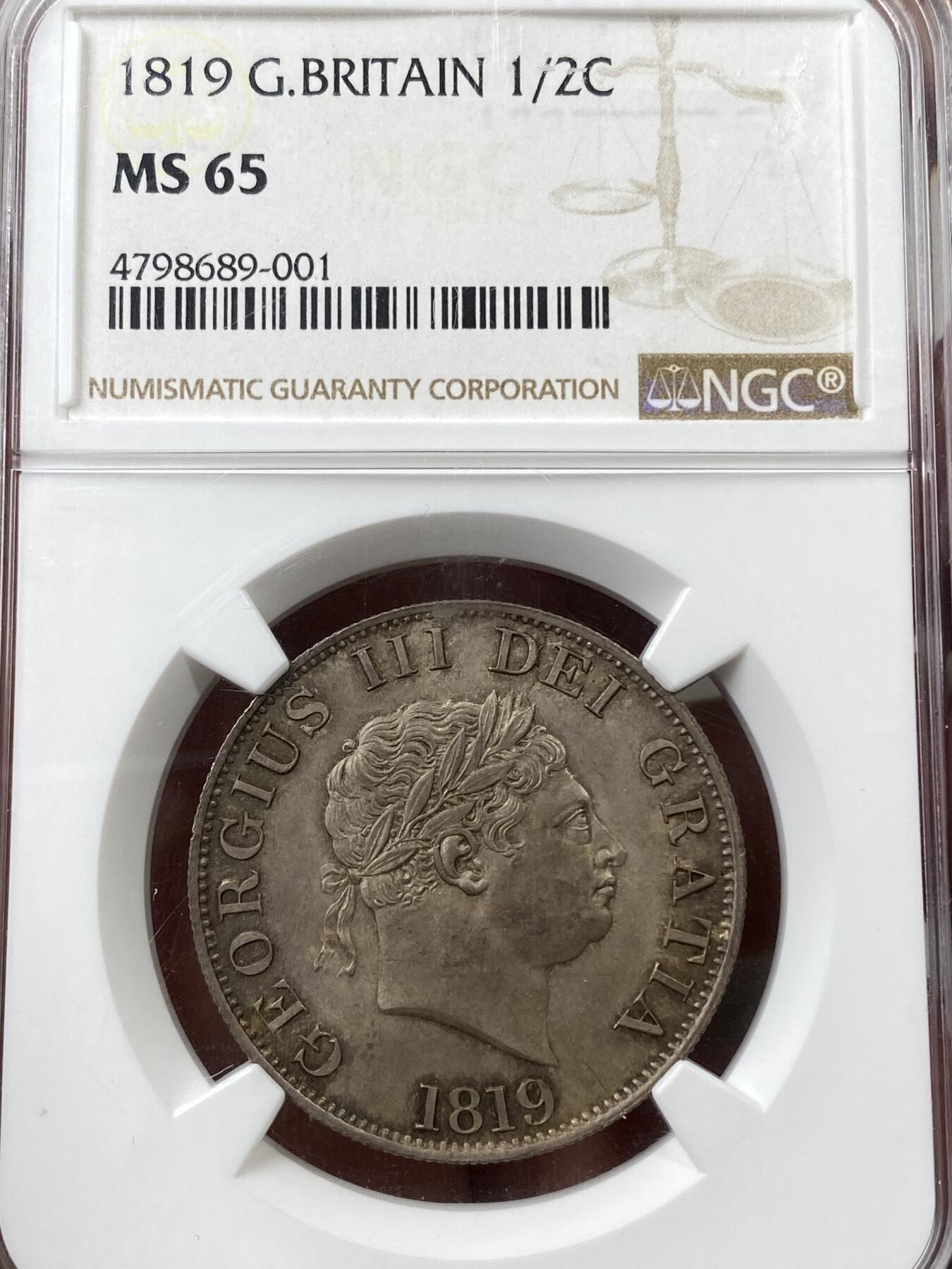 万国钱币拍卖第039期 NGC MS65 1819年英国乔治三世牛头半克朗银币 完美英式包浆。