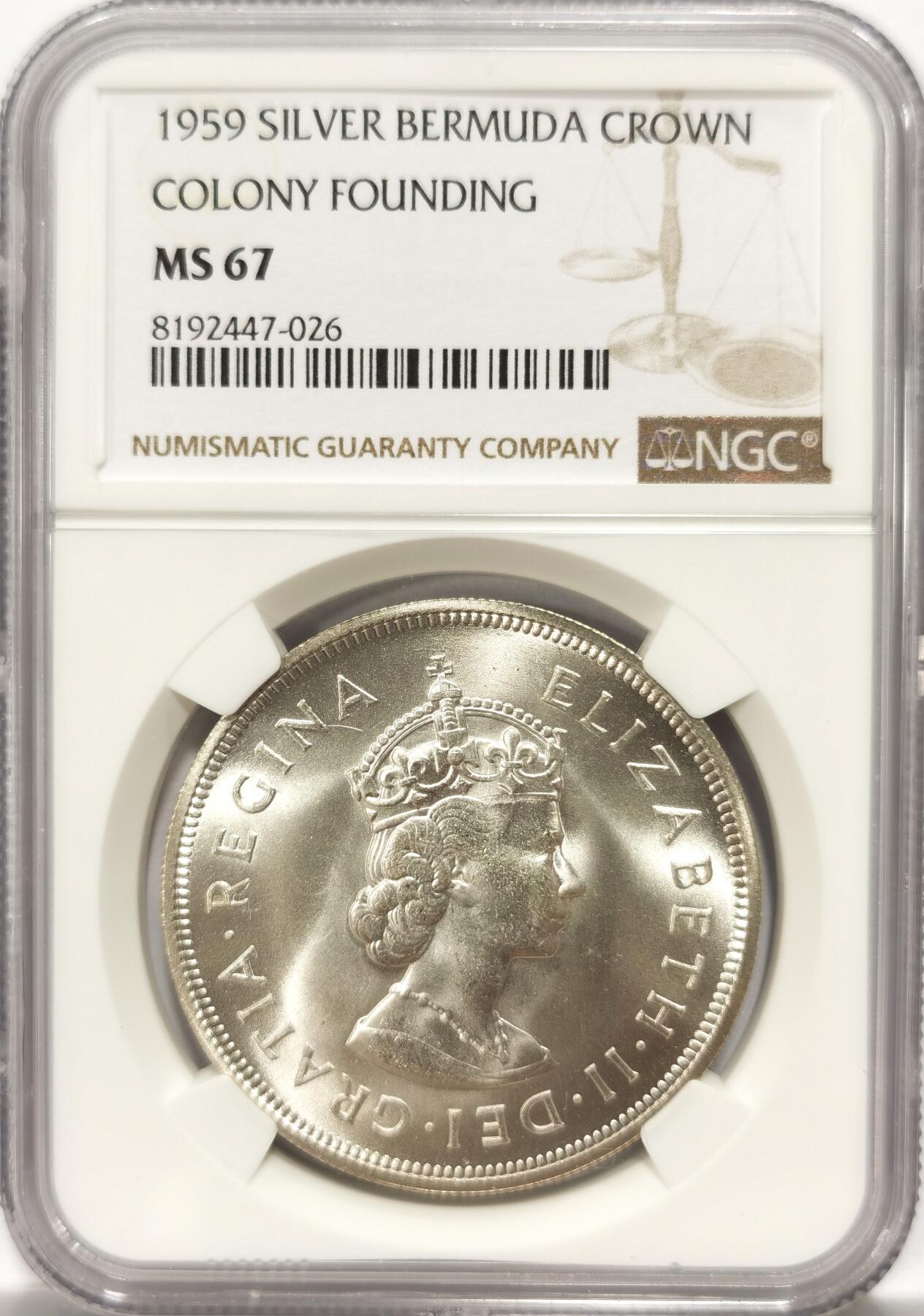 博洋堂世界钱币拍卖第104期（全场包邮） NGC MS67 英属百慕大1959年伊丽莎白二世1克朗银币，发现百慕大350周年纪念，极品高分