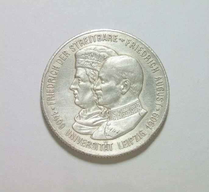 德国萨克森1909年 莱比锡大学2马克银币 爽品