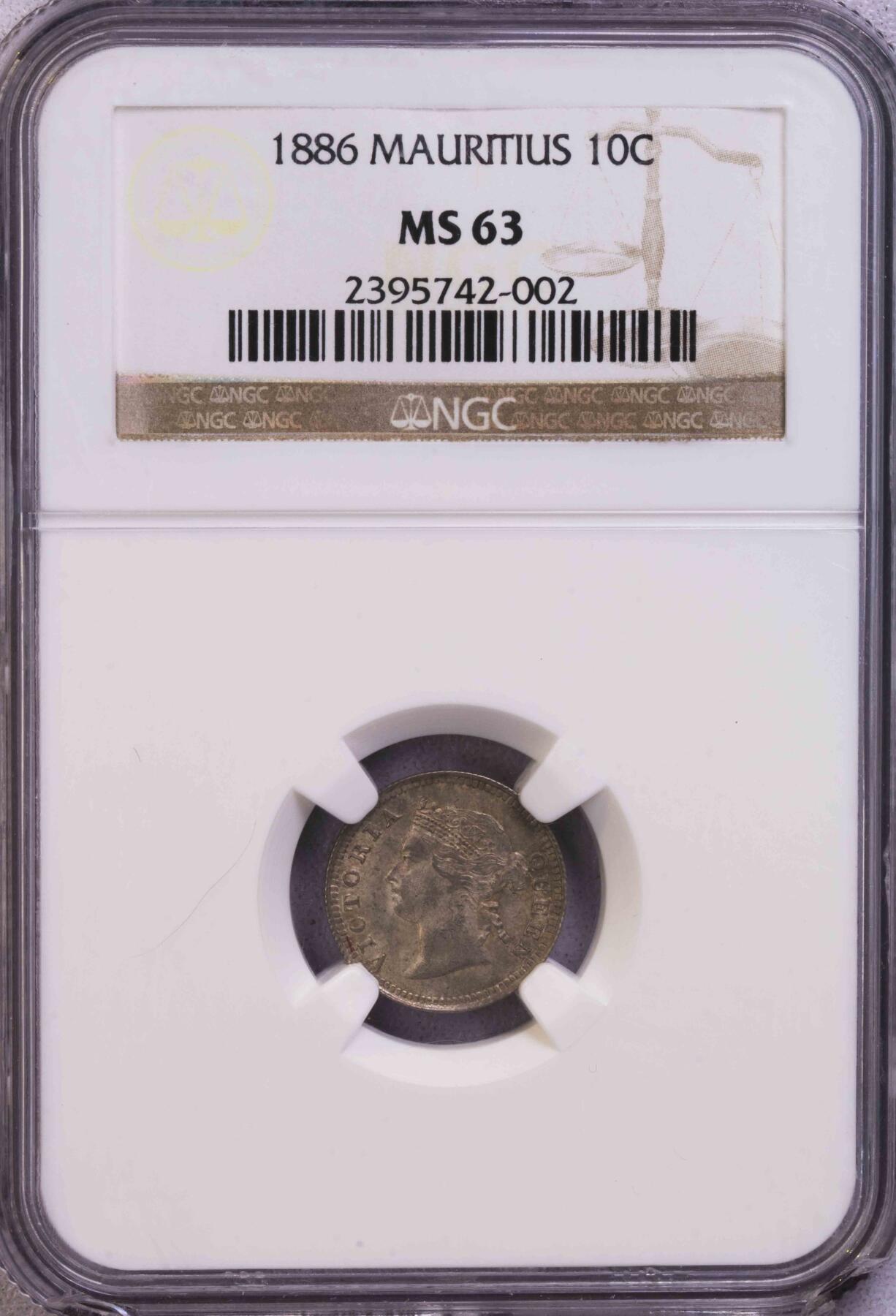NGC-MS63 1886英属毛里求斯10分银币 小特年粉光