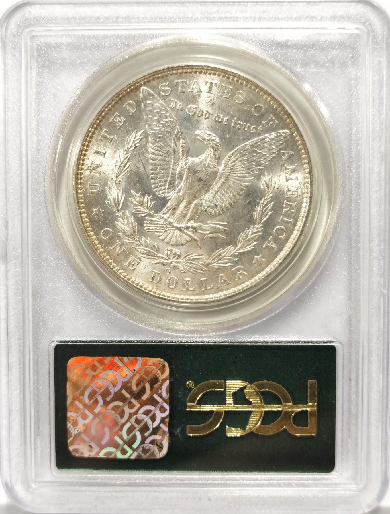 博洋堂世界钱币拍卖第104期（全场包邮） PCGS MS64 美国1904-O摩根大银币，少见7位数绿标老盒，盒子正面左上角有小磕