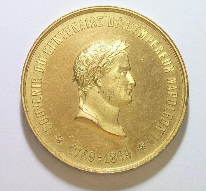 法国1869年 拿破仑诞辰百年金叶冠 高浮雕精制大镀金章 50MM