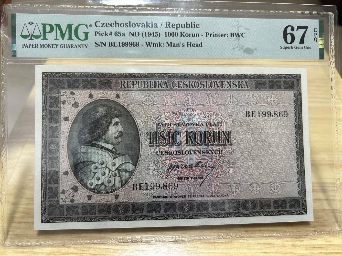 收藏联盟Quantum Auction 第401期拍卖 @征集拍品 长期供货可享分佣福利  1945年捷克斯洛伐克1000克朗 全程倒置号 PMG67E