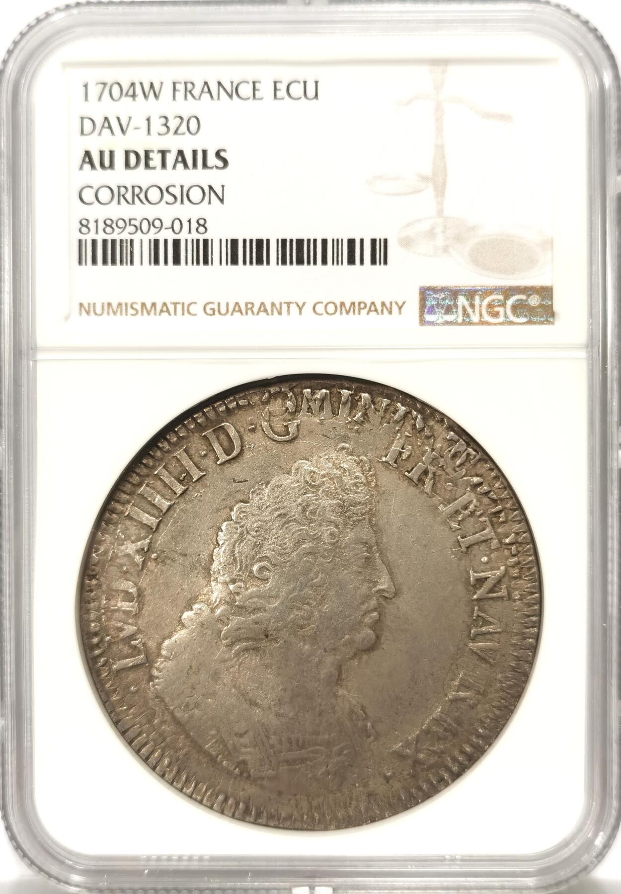 博洋堂世界钱币拍卖第104期（全场包邮） NGC AUD 法国1704年W里尔厂别路易十四太阳王埃居大银 深度欧陆包浆复打人物打制深邃
