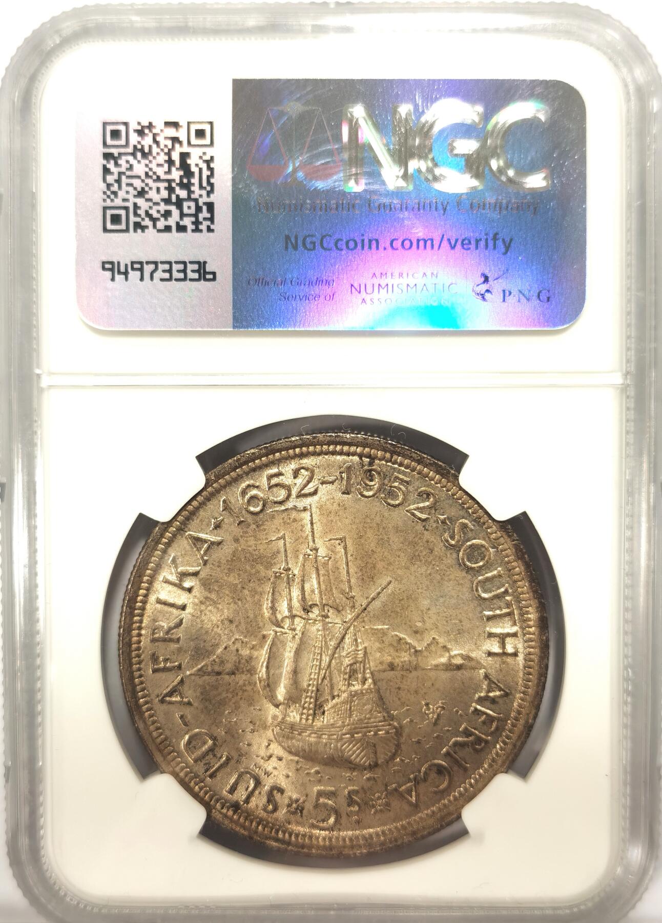 博洋堂世界钱币拍卖第104期（全场包邮） NGC MS63 英属南非1952年乔治六世5先令银币克朗 发现开普敦300周年纪念 流通版未使用品相少见 黄油彩