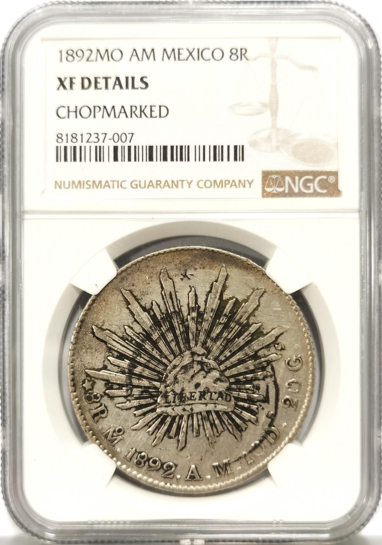 博洋堂世界钱币拍卖第104期（全场包邮） NGC XF 墨西哥1892年MO AM版花边鹰洋，原味“春”字墨印