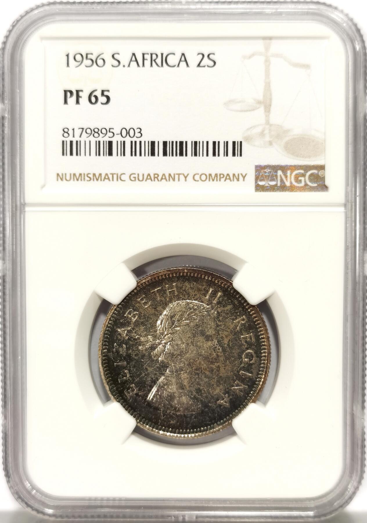 博洋堂世界钱币拍卖第104期（全场包邮） NGC PF65 英属南非1956年伊丽莎白二世2先令银币 绒布五彩 包浆极美 严评