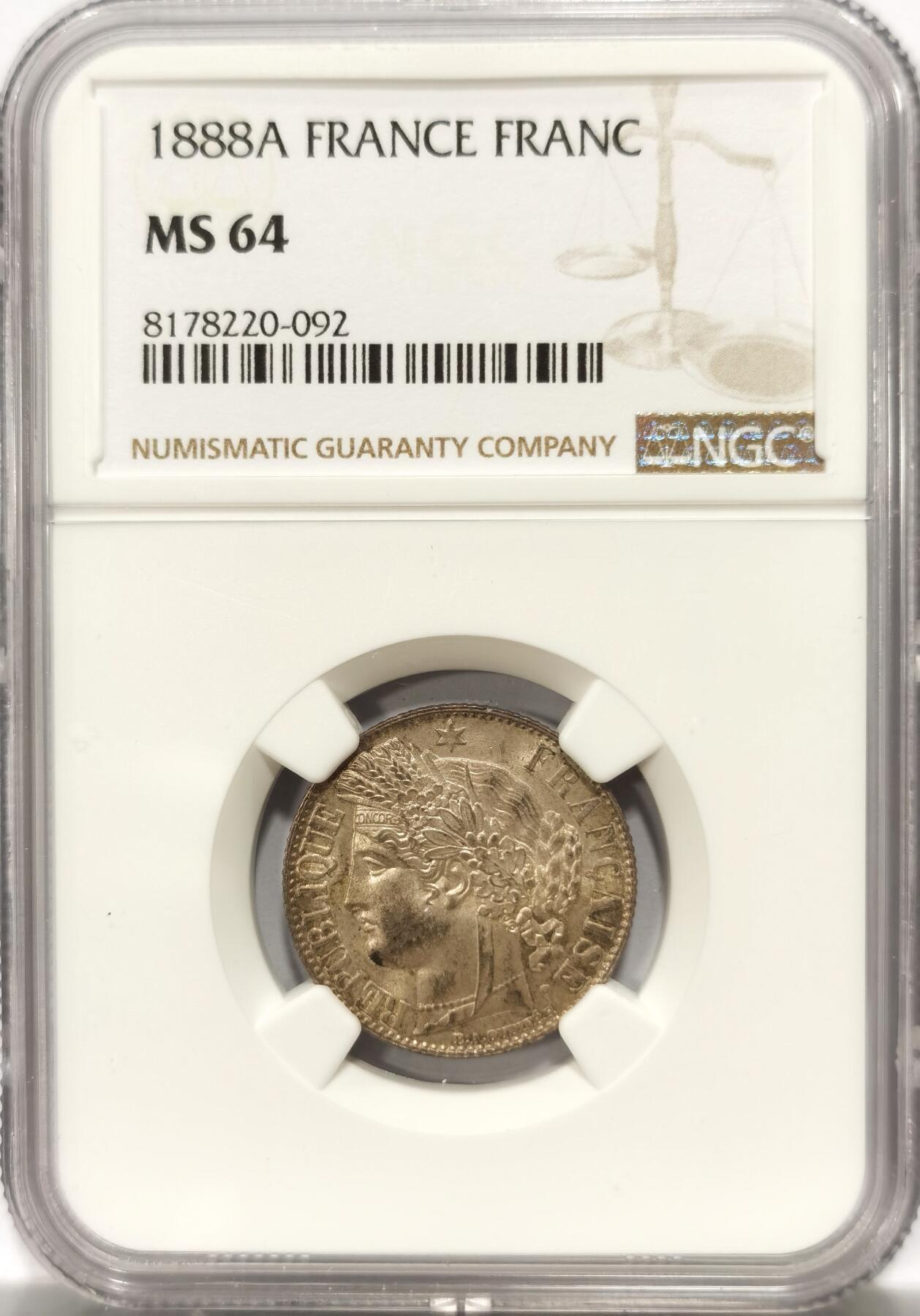 博洋堂世界钱币拍卖第104期（全场包邮） NGC MS64 法国1888年谷物女神1法郎银币