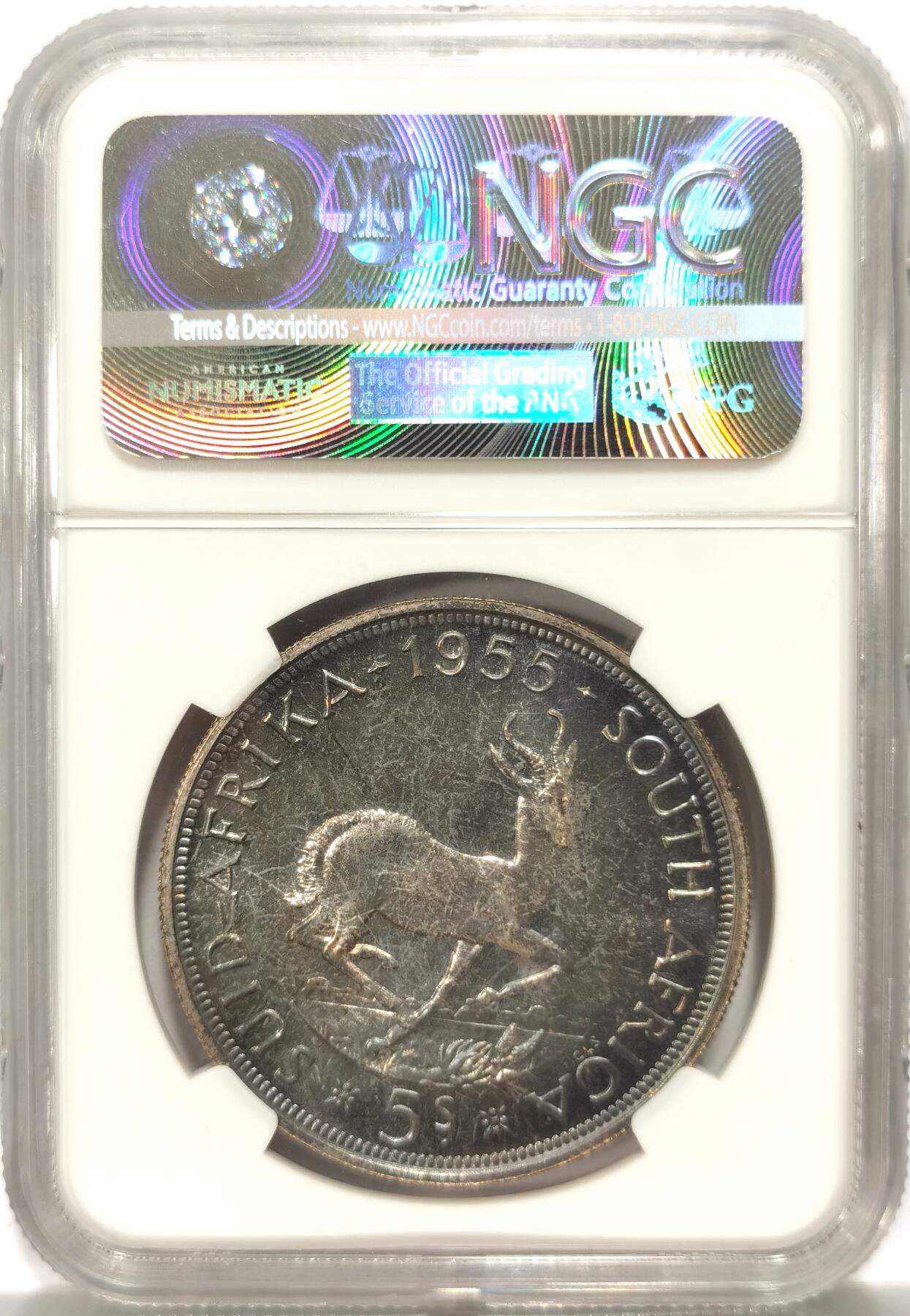 博洋堂世界钱币拍卖第104期（全场包邮） NGC PF66 英属南非1955年伊丽莎白二世5先令银币克朗 跳羚羊 极美高分紫罗兰包浆