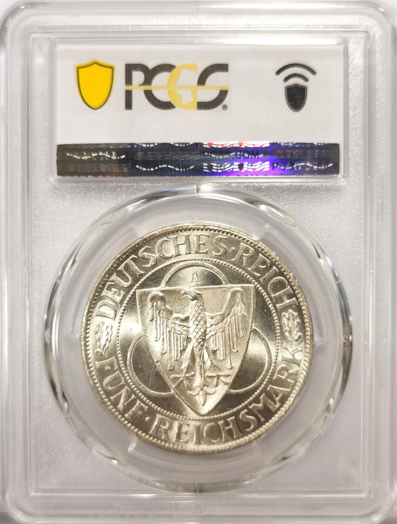 博洋堂世界钱币拍卖第104期（全场包邮） PCGS MS65 德国魏玛1930年莱茵解放5马克银币，粉光，难得的高分品