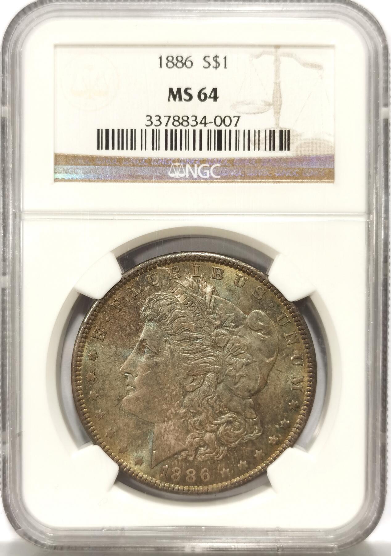 博洋堂世界钱币拍卖第104期（全场包邮） NGC MS64 美国1886年摩根$1银币 正面通体淡绿彩包浆 背面渐变金色包浆 银光流畅 美不言喻