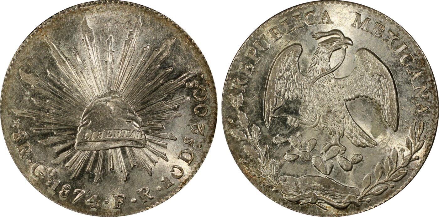博洋堂世界钱币拍卖第104期（全场包邮） PCGS MS63 墨西哥1874/3年GO FR版花边鹰洋，少见中期骑字版，仅有3枚更高分