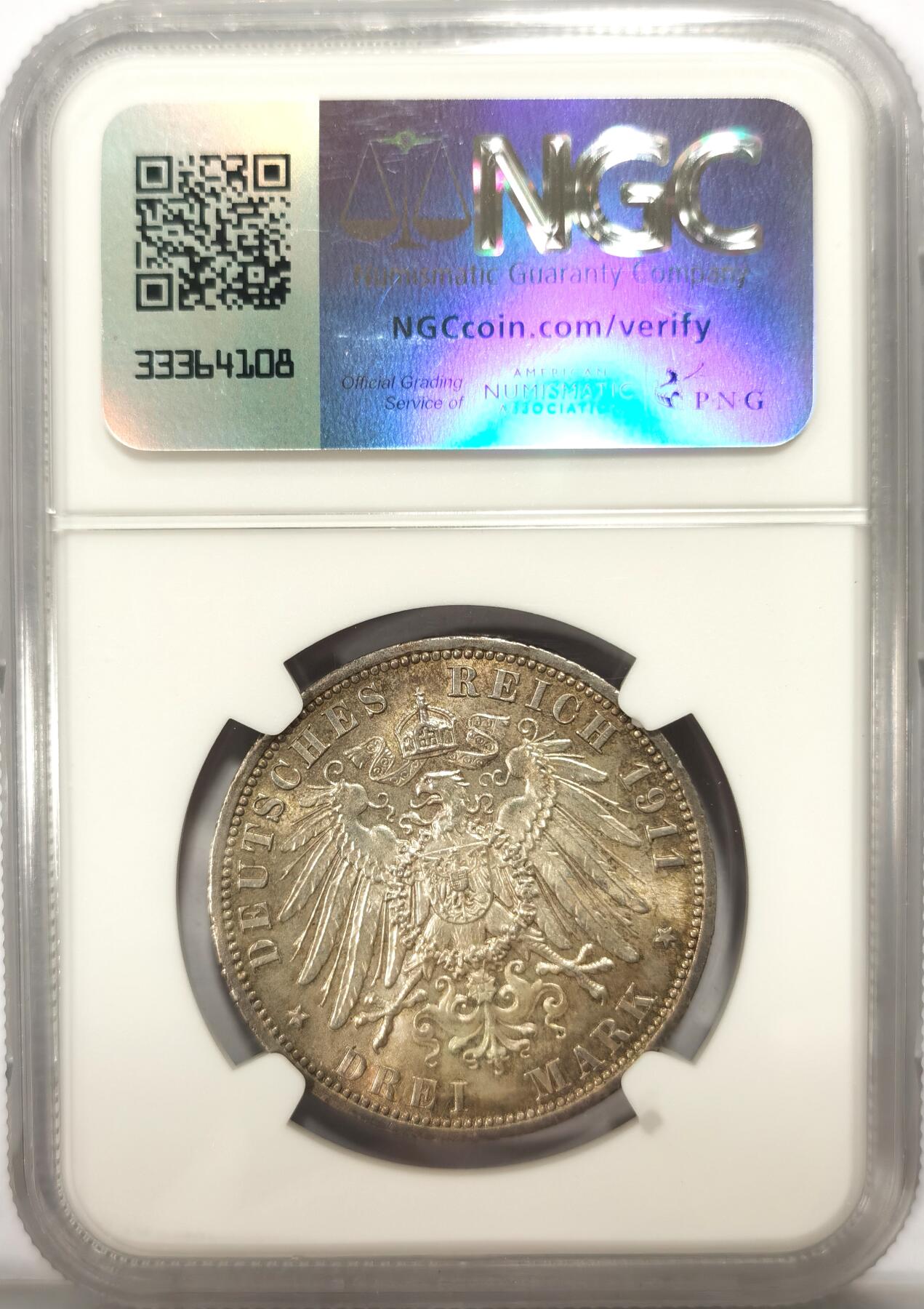 博洋堂世界钱币拍卖第104期（全场包邮） NGC MS63 德国普鲁士1911年威廉二世流通3马克银币