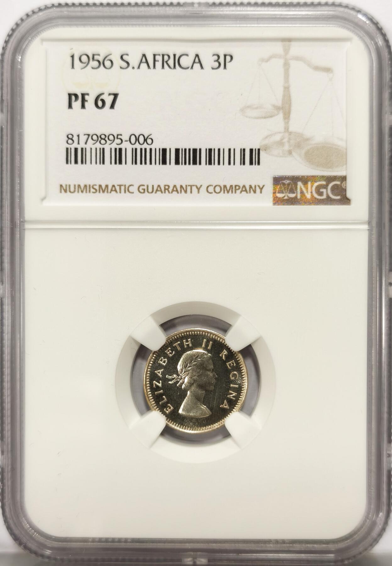 博洋堂世界钱币拍卖第104期（全场包邮） NGC PF67 英属南非1956年伊丽莎白二世3便士令银币 帝王花 极高分