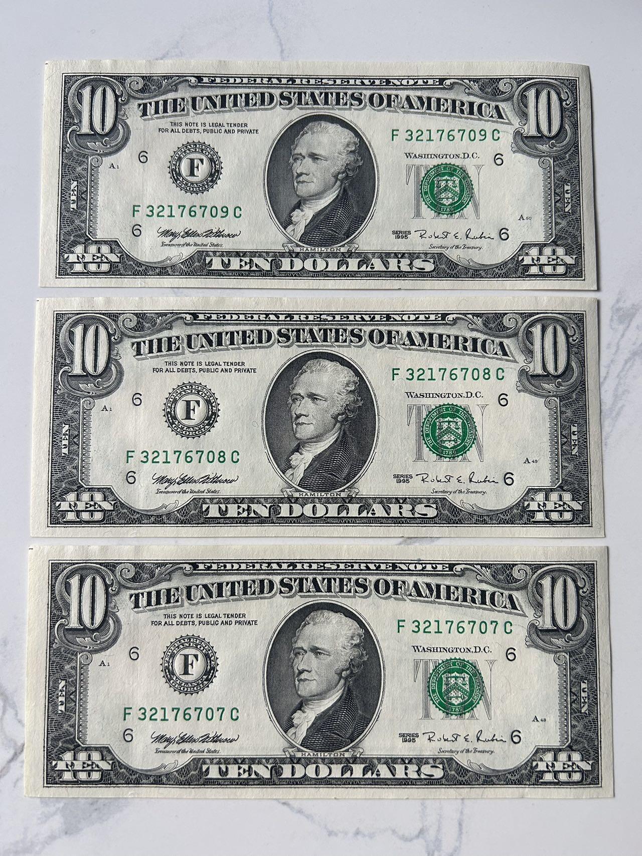 收藏联盟Quantum Auction 第401期拍卖 @征集拍品 长期供货可享分佣福利  1995年美国小头版10元 汉密尔顿 全新UNC 3张