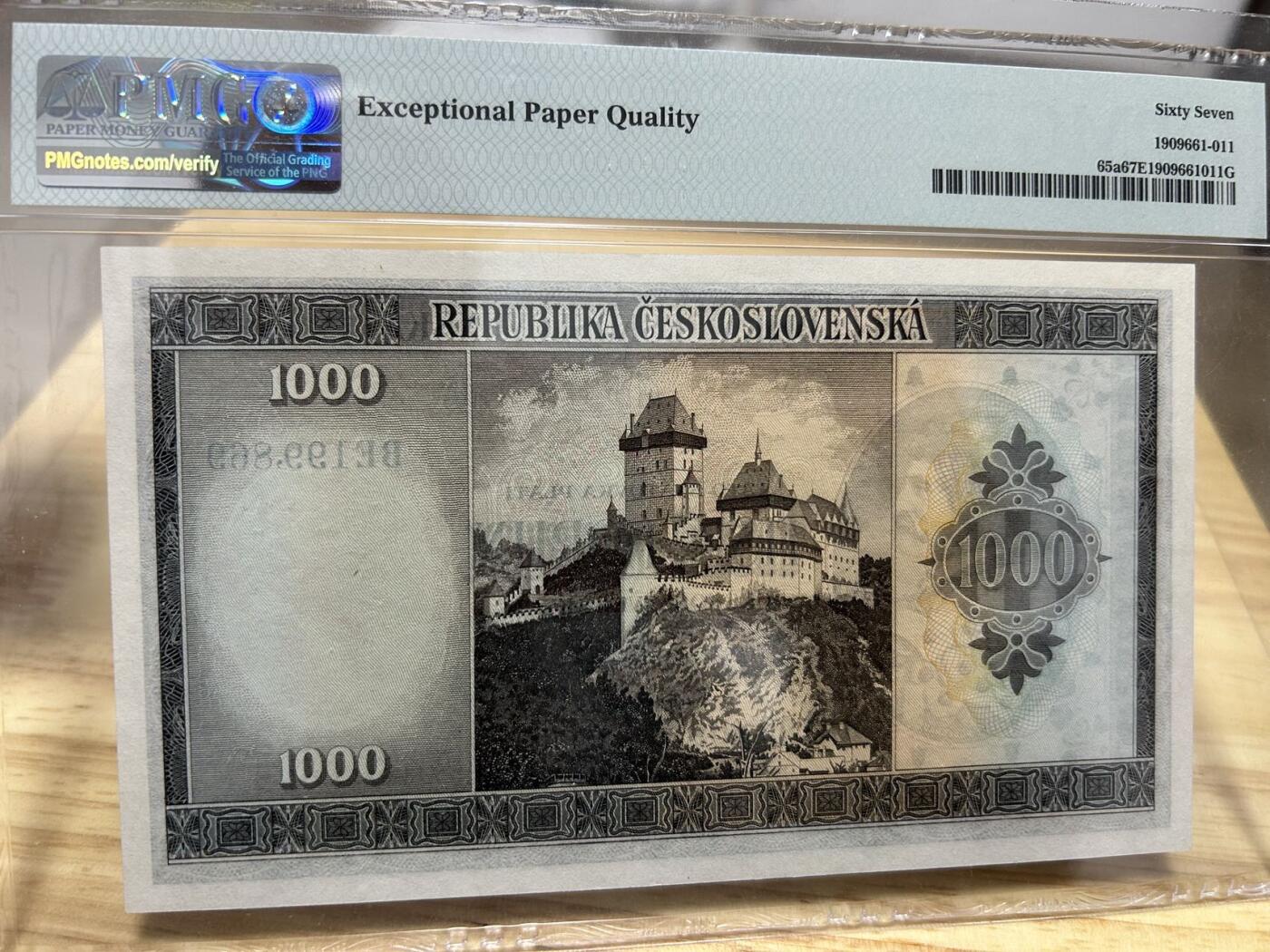 收藏联盟Quantum Auction 第401期拍卖 @征集拍品 长期供货可享分佣福利  1945年捷克斯洛伐克1000克朗 全程倒置号 PMG67E