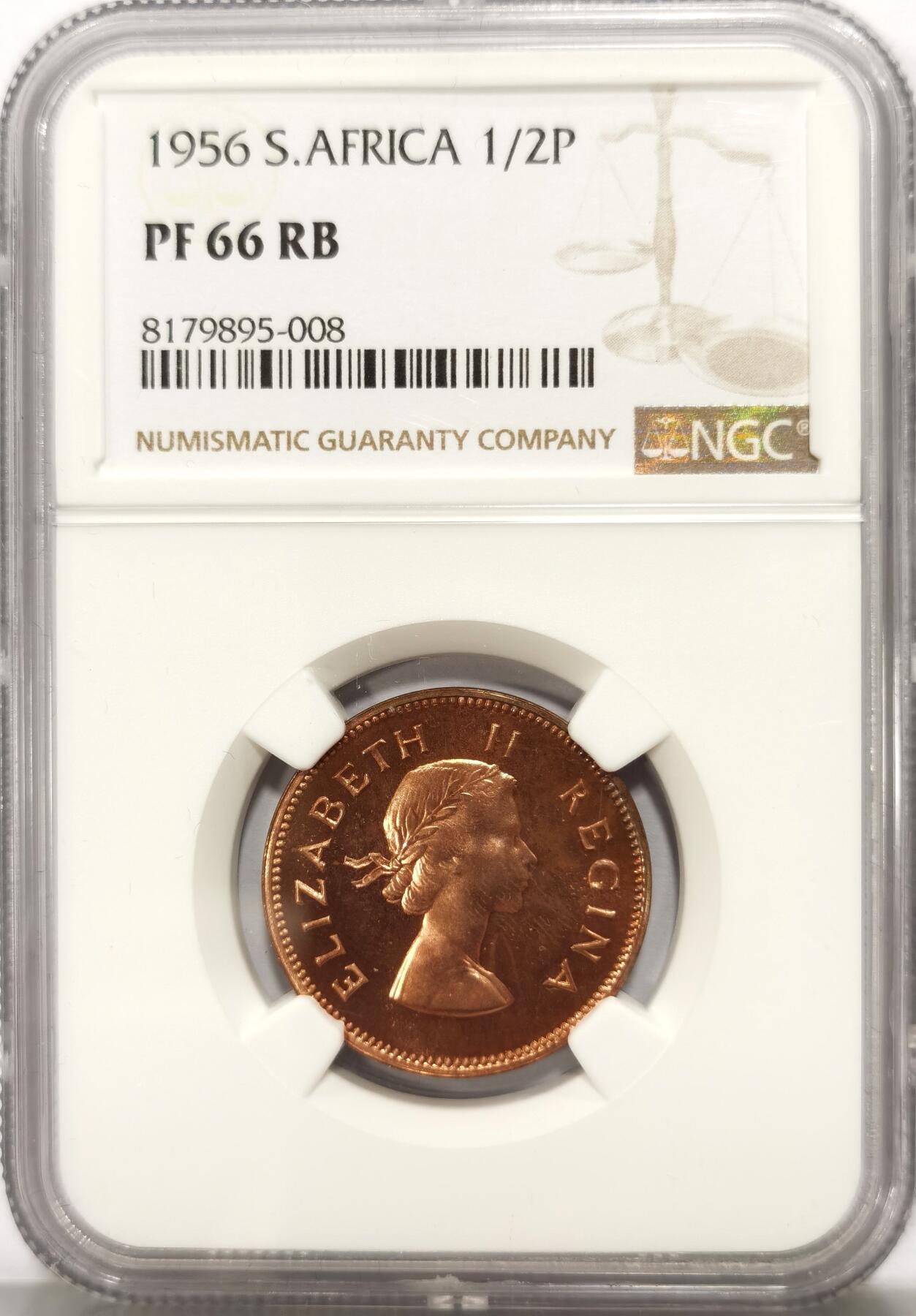 博洋堂世界钱币拍卖第104期（全场包邮） NGC PF66RB 英属南非1956年伊丽莎白二世1/2便士铜币 高分满铜光好品 帆船