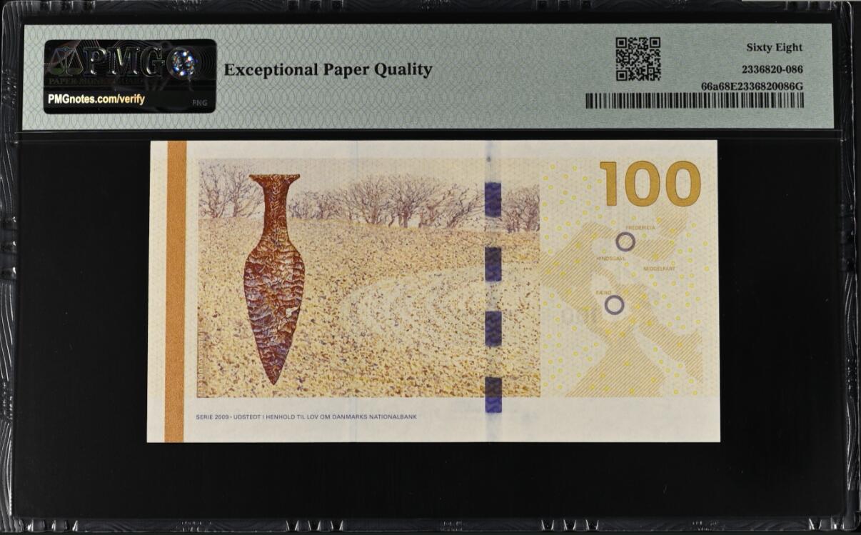 《张总收藏》180期-评级币百拍特别场 丹麦2009年初版A0冠100克朗PMG68E高分超小36号 Pick#66a