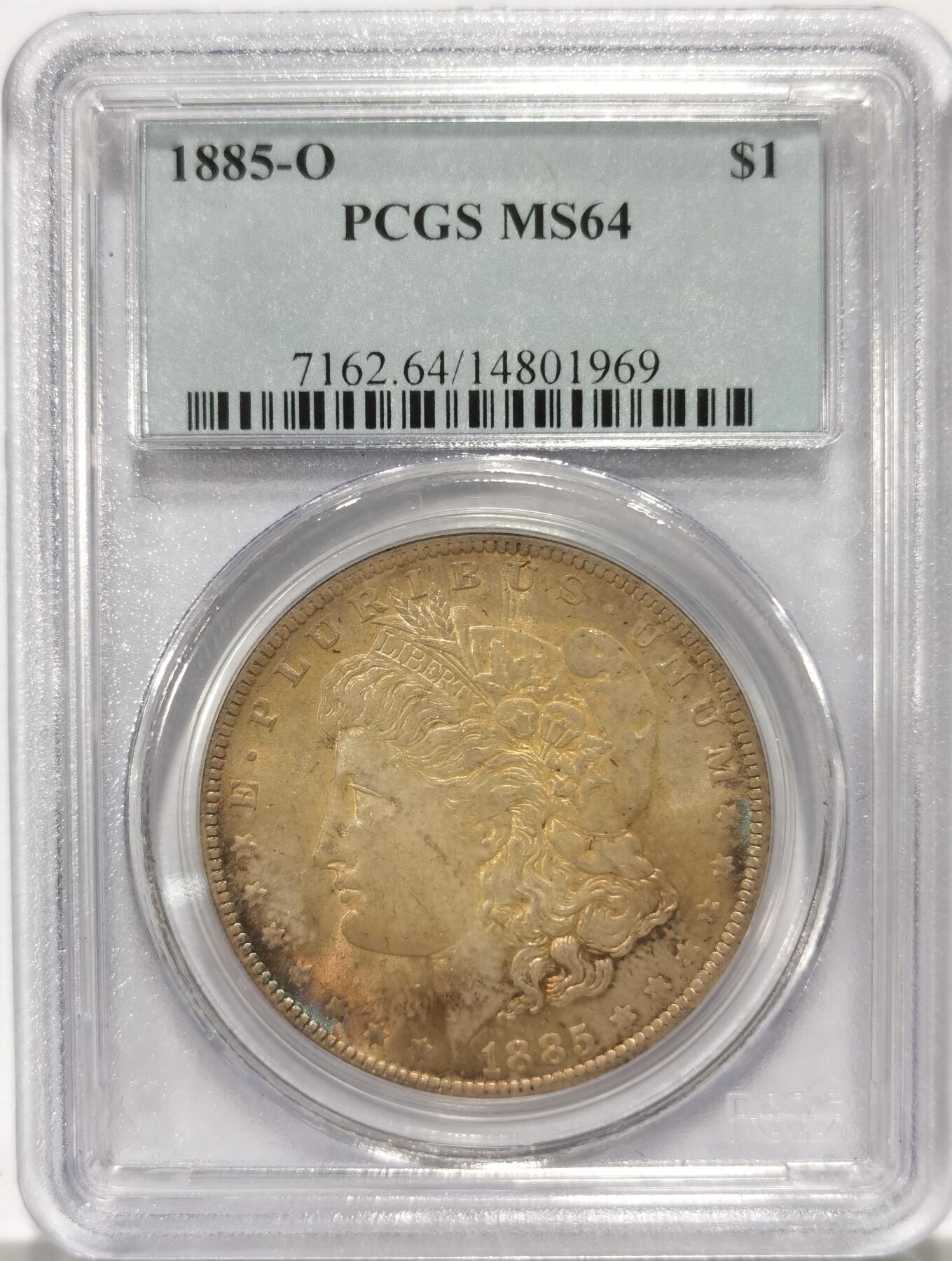 博洋堂世界钱币拍卖第104期（全场包邮） PCGS MS64 美国1885年O版摩根$1银币 较少厂别 老盒 原光五彩包浆，盒子有二处磕损，未影响密封