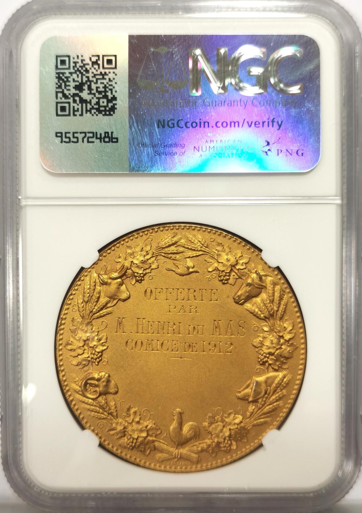博洋堂世界钱币拍卖第104期（全场包邮） NGC MS66 法国1912银镀金农业部奖章 动物刻画立体形象 收藏顶级分数品