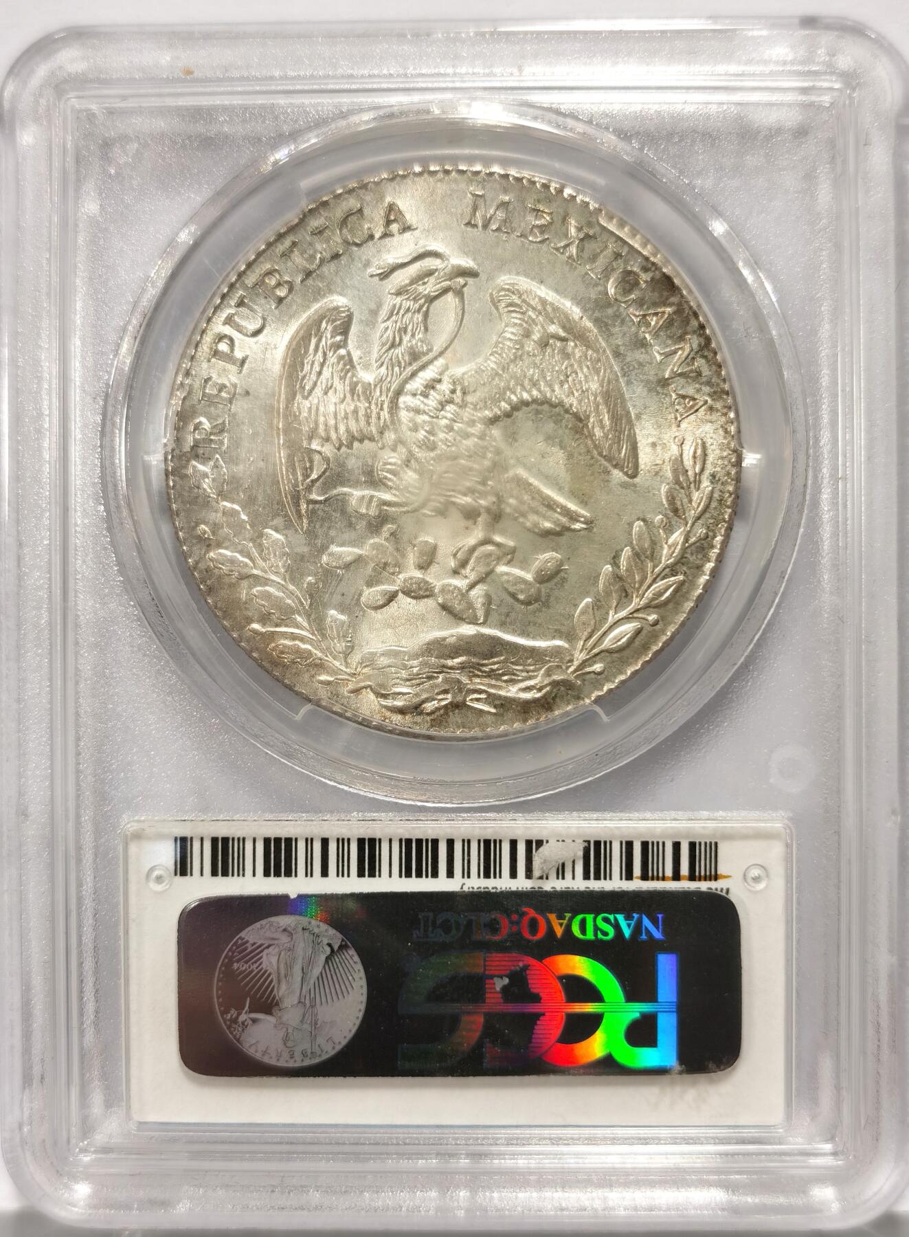 博洋堂世界钱币拍卖第104期（全场包邮） PCGS MS63 墨西哥1874/3年GO FR版花边鹰洋，少见中期骑字版，仅有3枚更高分