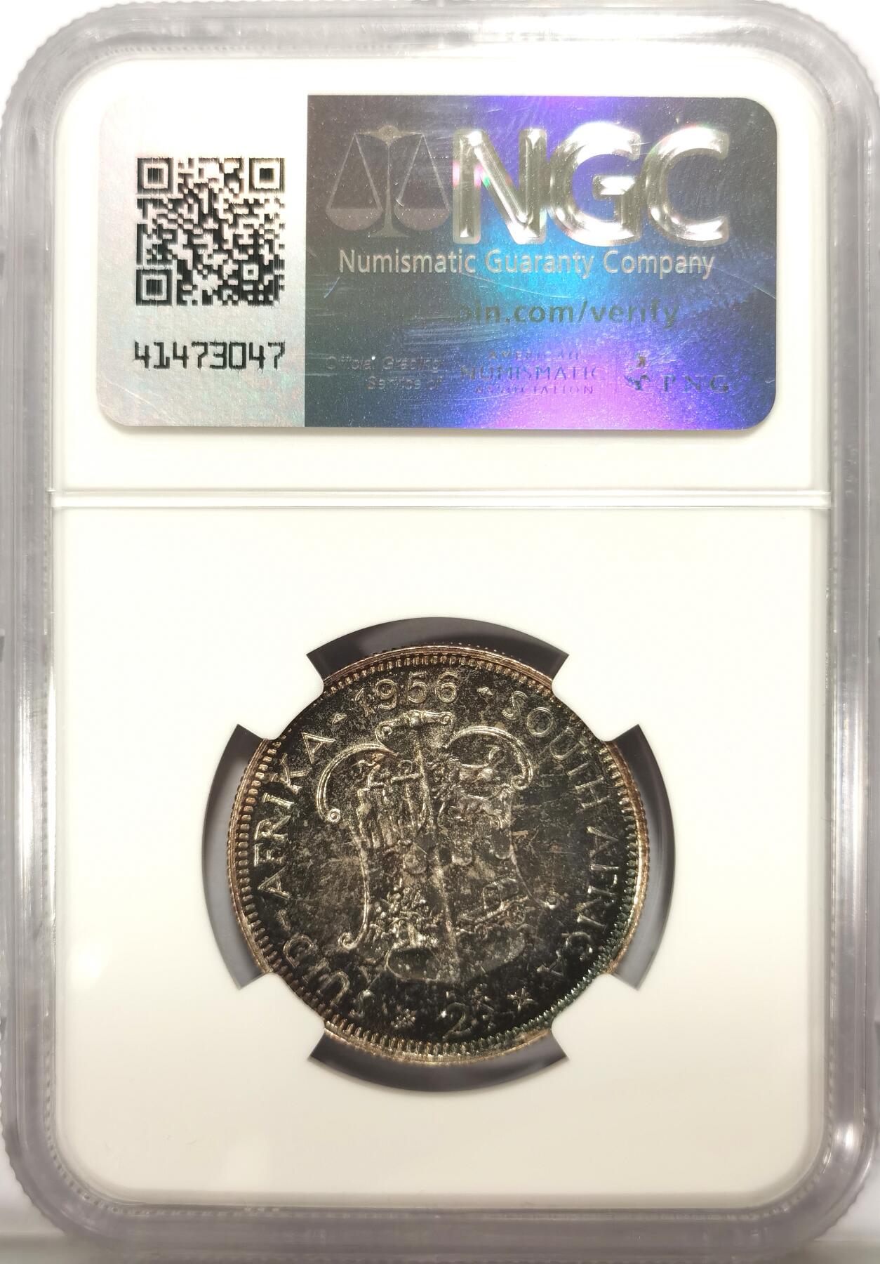 博洋堂世界钱币拍卖第104期（全场包邮） NGC PF65 英属南非1956年伊丽莎白二世2先令银币 绒布五彩 包浆极美 严评