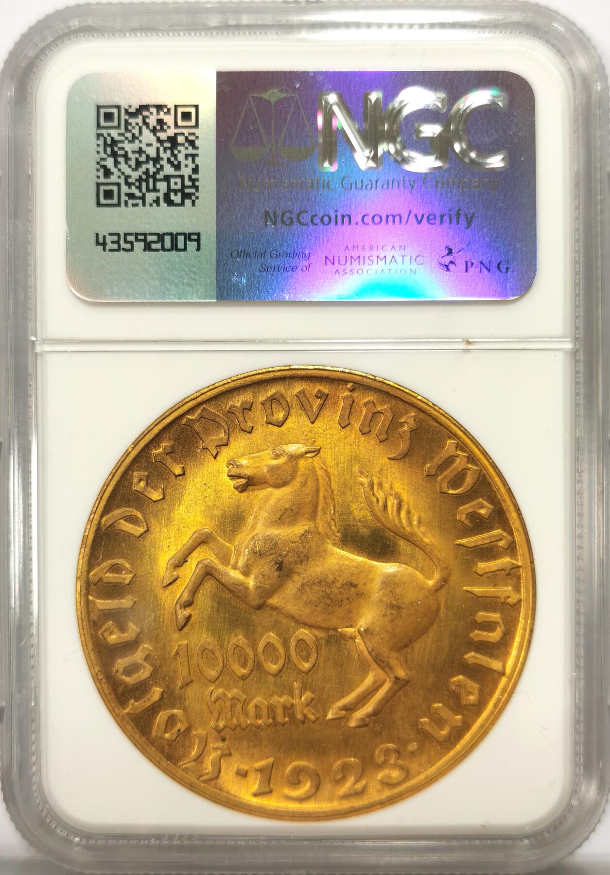 博洋堂世界钱币拍卖第104期（全场包邮） NGC MS63 德国威斯特法伦1923年10000马克大马币