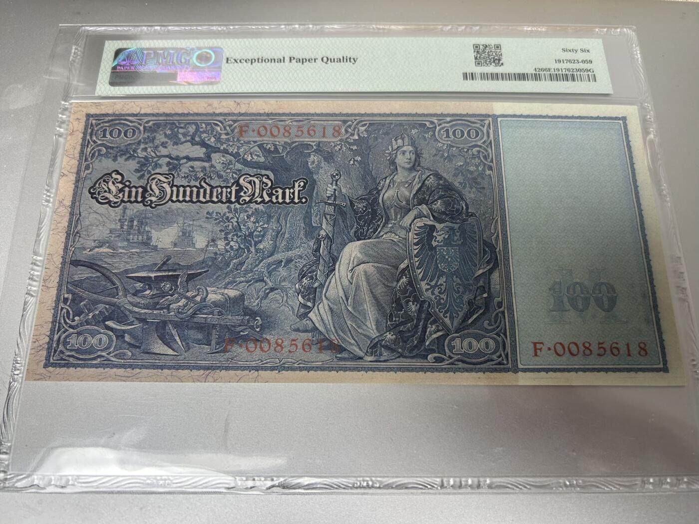 收藏联盟Quantum Auction 第401期拍卖 @征集拍品 长期供货可享分佣福利  1910年德国帝国银行100马克 全程无347尾8号码 大票幅 PMG66E