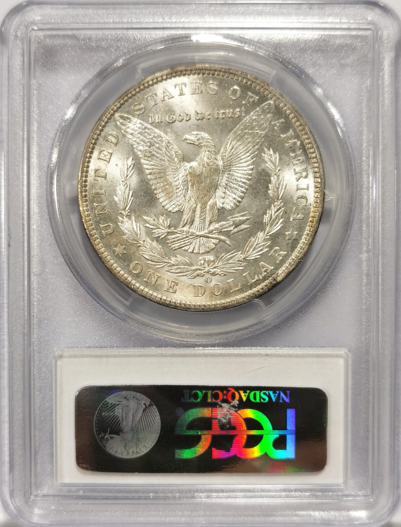 博洋堂世界钱币拍卖第104期（全场包邮） 美国1901年摩根银币O版PCGS-MS64，原汁原味五彩老包浆，包浆醇厚，卷首拆卷，状态一流。P盒老白盒严评无官网图，市场上比较稀少年份版本的摩根币。
