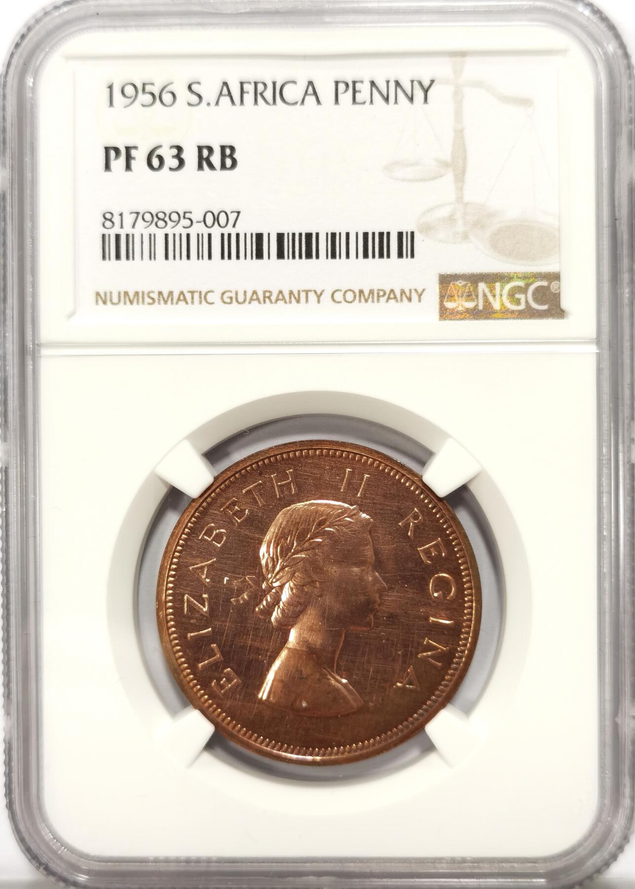 博洋堂世界钱币拍卖第104期（全场包邮） NGC PF63RB 英属南非1956年伊丽莎白二世1便士铜币 帆船