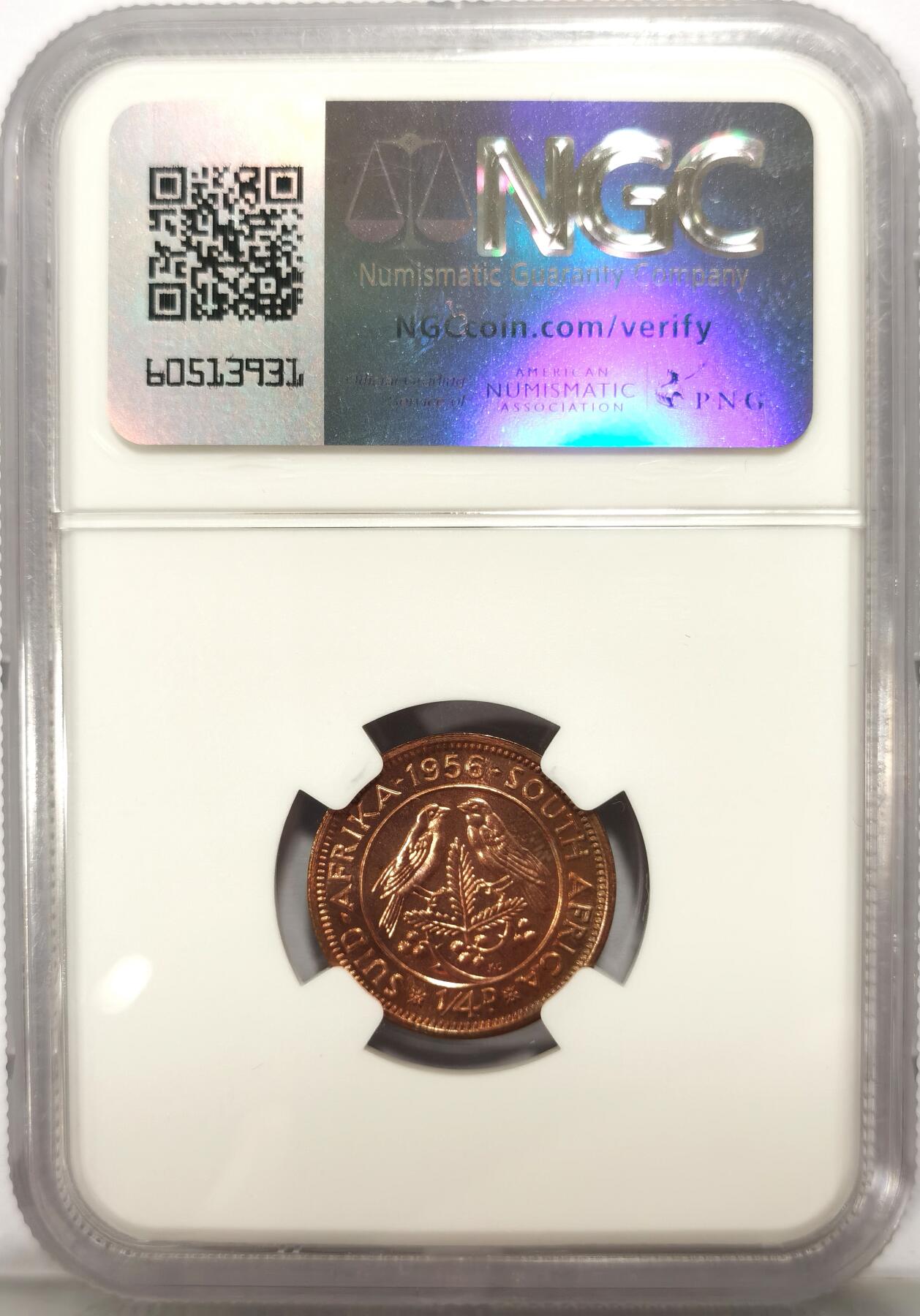 博洋堂世界钱币拍卖第104期（全场包邮） NGC PF66RB 英属南非1956年伊丽莎白二世1/4便士铜币 高分满铜光