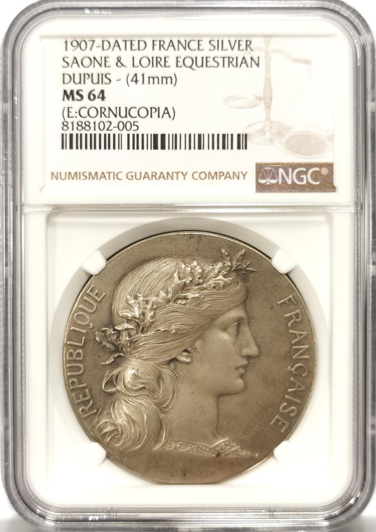 博洋堂世界钱币拍卖第104期（全场包邮） NGC MS64 法国1907年花环少女玛丽安娜卢瓦尔省 索恩马术表演银奖牌 丰饶角1ARGENT边铭 加厚盒 D.Dupuis作品