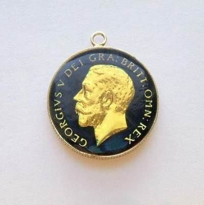 英国1919年乔治五世银币 珐琅彩镀金高浮雕精制银币章吊坠 25MM - 英国1919年乔治五世银币 珐琅彩镀金高浮雕精制银币章吊坠 25MM