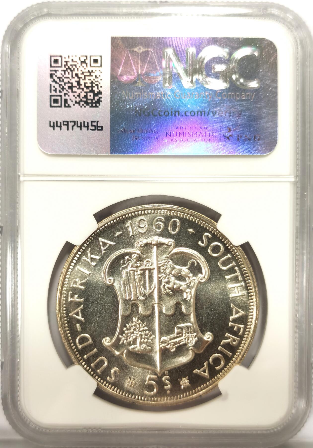 博洋堂世界钱币拍卖第104期（全场包邮） NGC PL65 英属南非1960年伊丽莎白二世5先令银币 克朗 纪念联邦成立50周年 严评