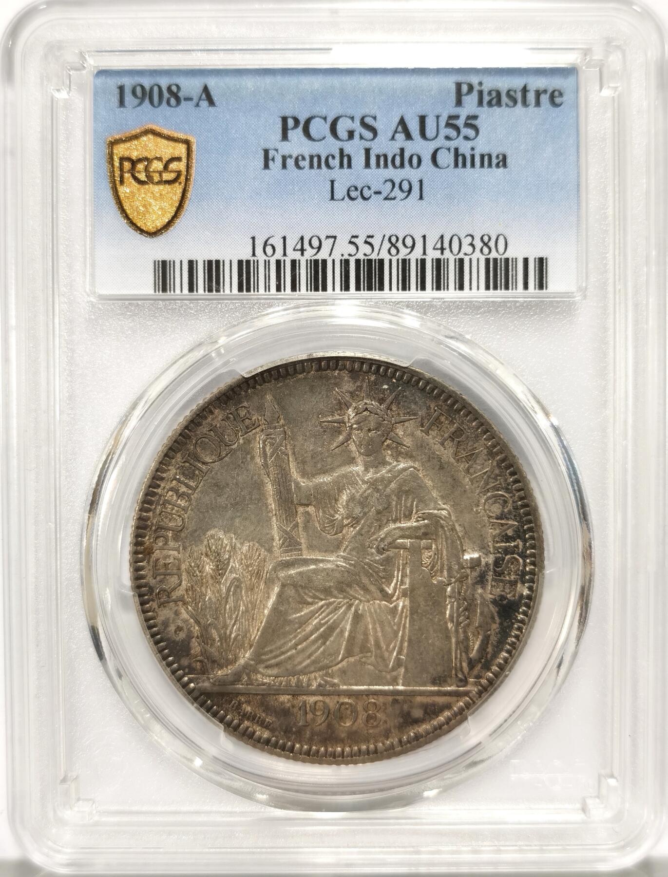 博洋堂世界钱币拍卖第104期（全场包邮） PCGS AU55 法属印支1908年A坐洋银币，原汁原味老包浆状态