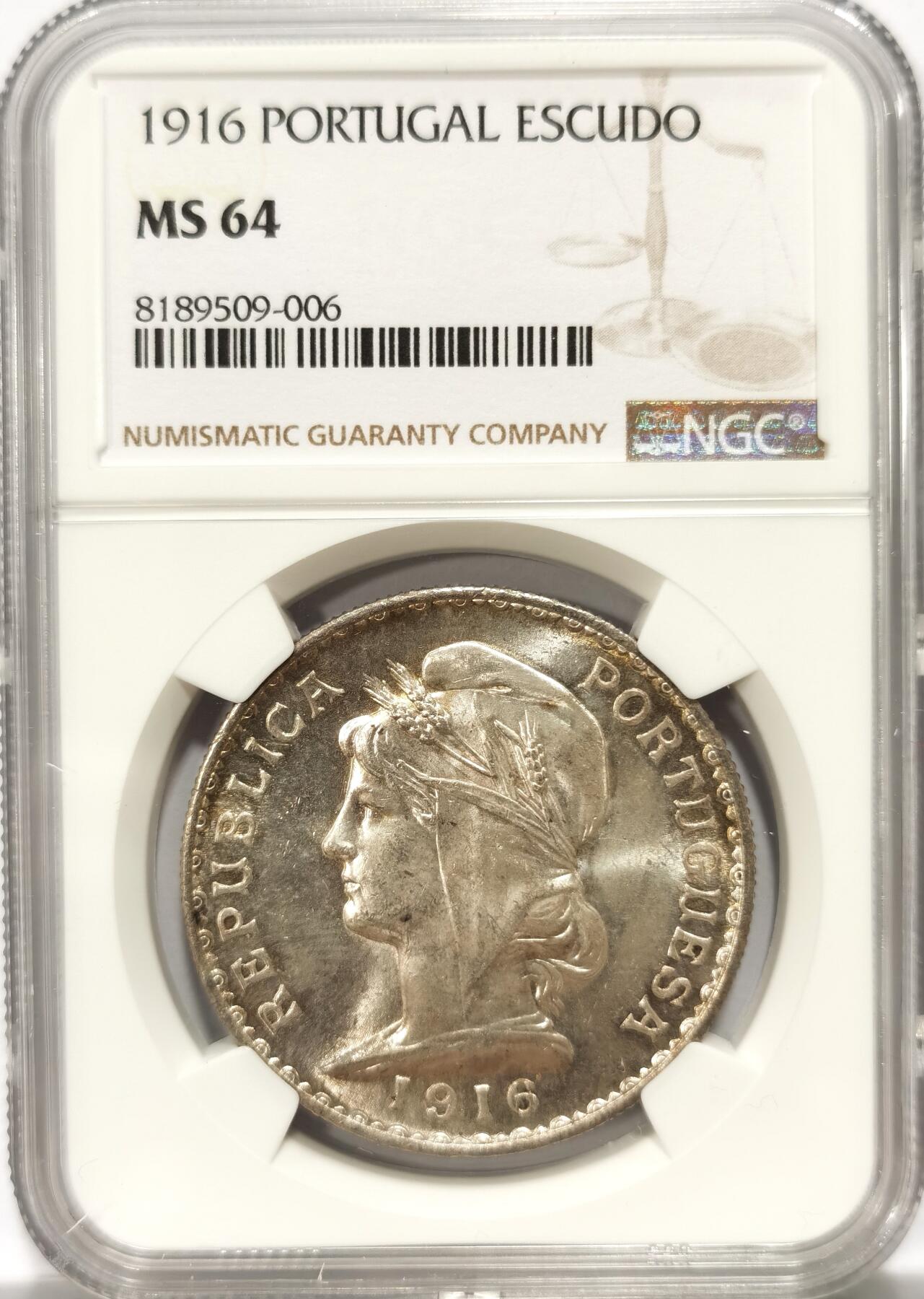博洋堂世界钱币拍卖第104期（全场包邮） NGC MS64 葡萄牙1916年1埃斯库多大银 超高分亚军分