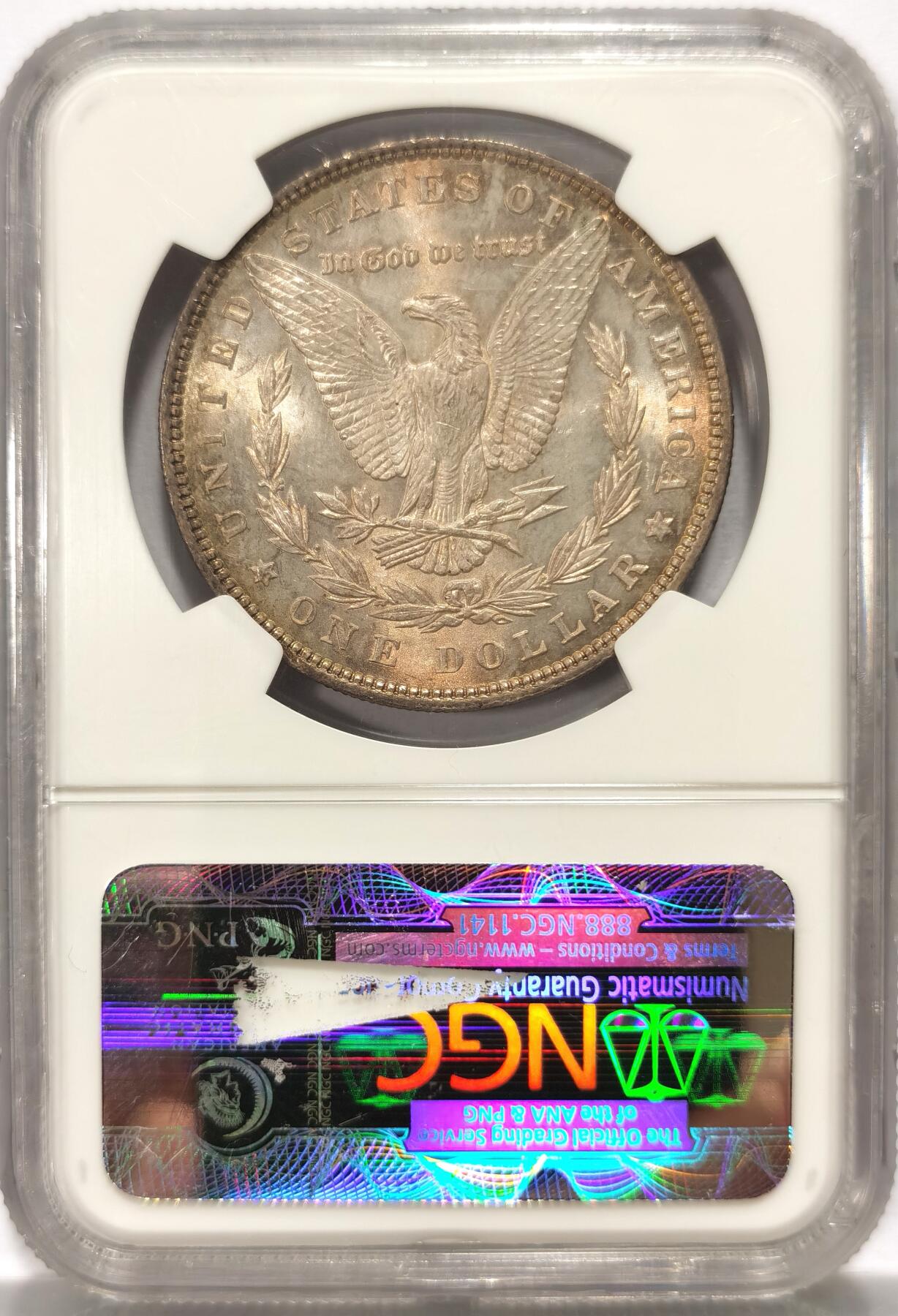 博洋堂世界钱币拍卖第104期（全场包邮） NGC MS64 美国1886年摩根$1银币 正面通体淡绿彩包浆 背面渐变金色包浆 银光流畅 美不言喻