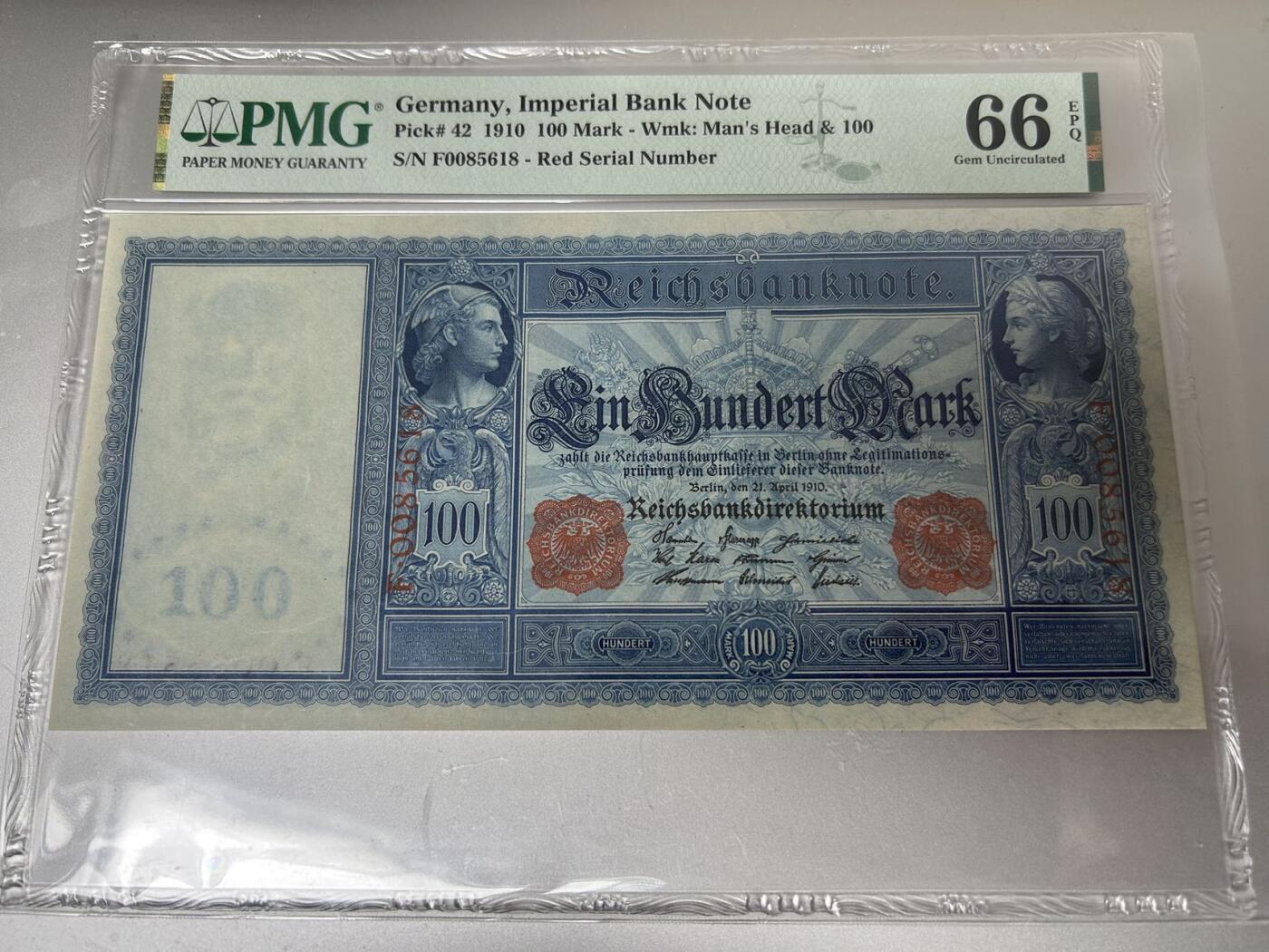 收藏联盟Quantum Auction 第401期拍卖 @征集拍品 长期供货可享分佣福利  1910年德国帝国银行100马克 全程无347尾8号码 大票幅 PMG66E