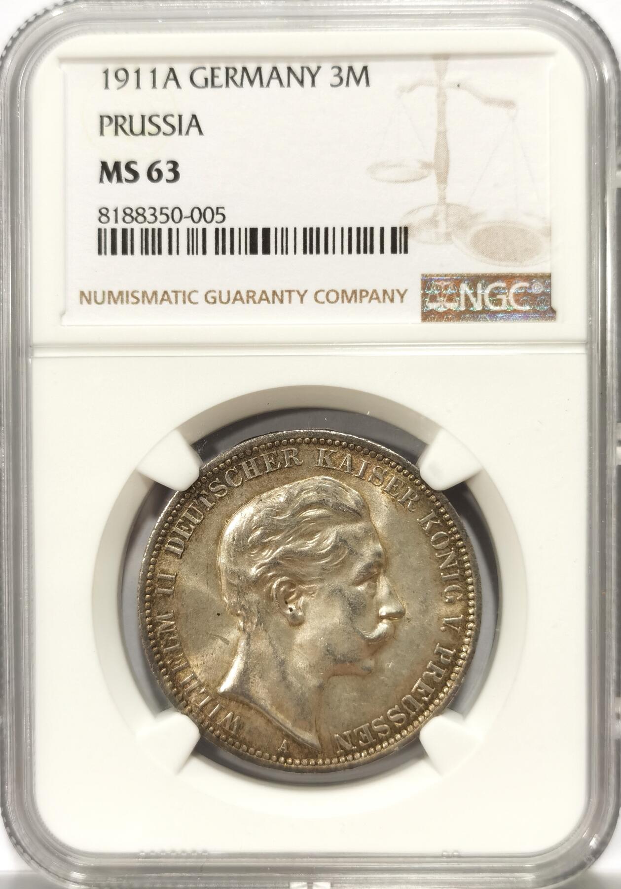 博洋堂世界钱币拍卖第104期（全场包邮） NGC MS63 德国普鲁士1911年威廉二世流通3马克银币