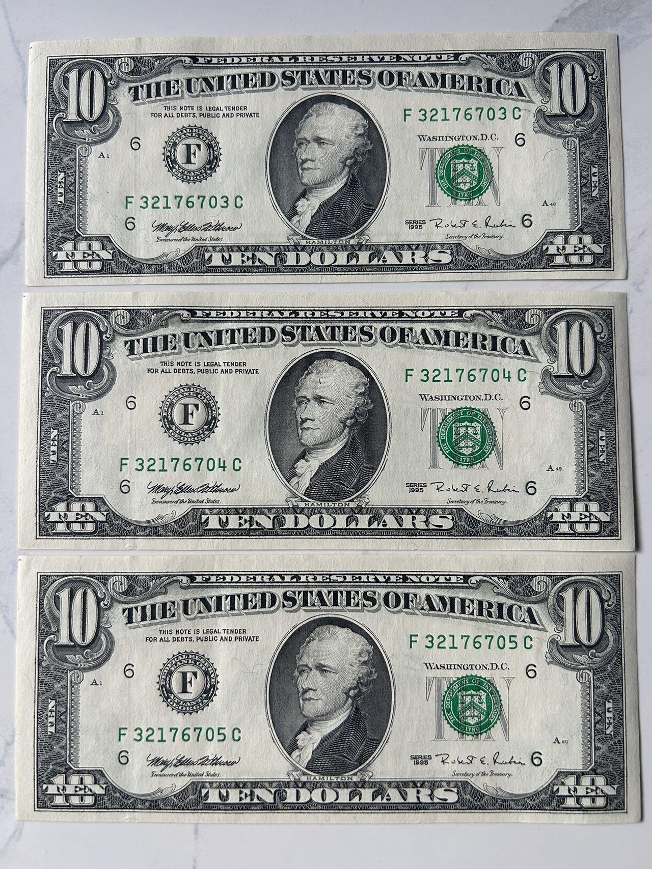 收藏联盟Quantum Auction 第402期拍卖 @征集拍品 长期供货可享分佣福利  1995年美国小头版10元 汉密尔顿 全新UNC 3张