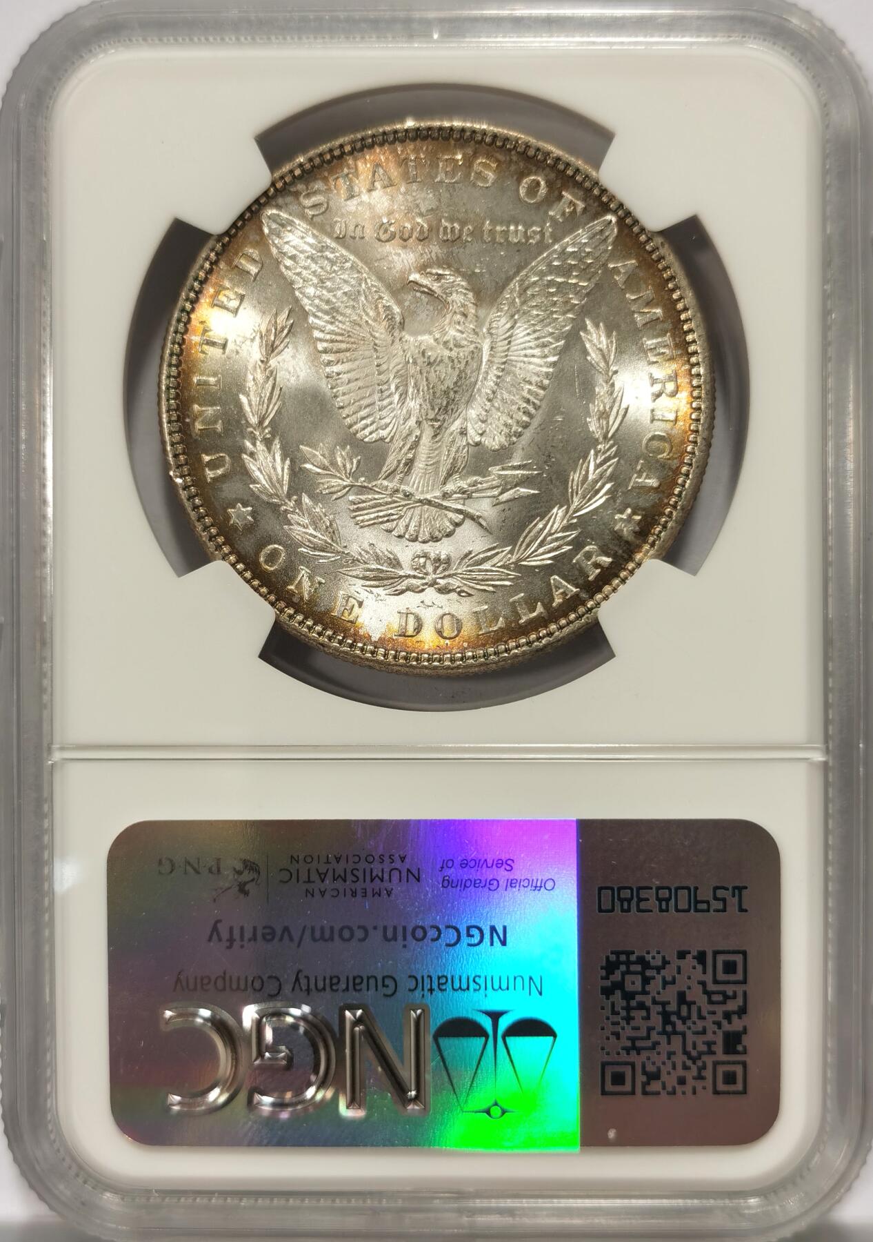 博洋堂世界钱币拍卖第104期（全场包邮） 美国1885年摩根银币P版NGC-MS63，原汁原味双面环彩老包浆，包浆醇厚，打制精美，币面清爽干净又漂亮，状态极佳。