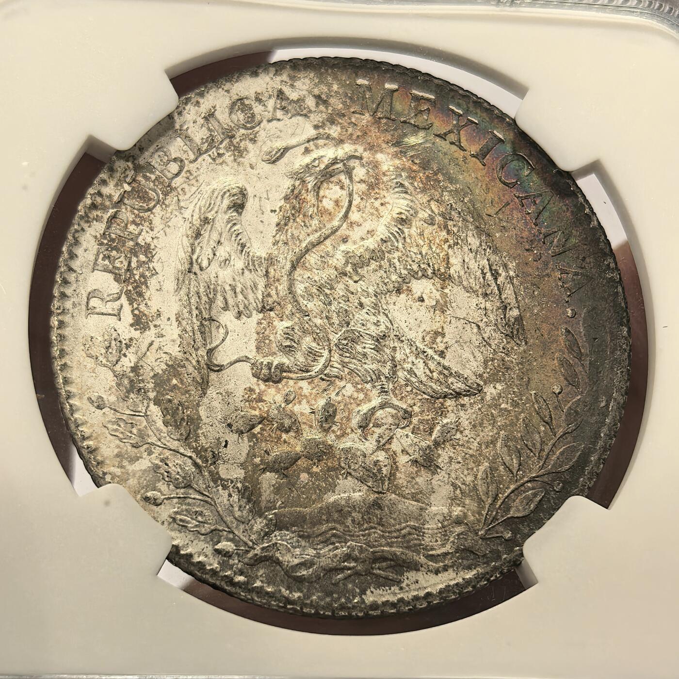 博洋堂世界钱币拍卖第104期（全场包邮） 墨西哥1897年花边鹰洋8瑞尔银币NGC-MS61，原汁原味老包浆，包浆醇厚，铸打深峻，极美月牙五彩，低评，状态和品质绝对不输MS62。