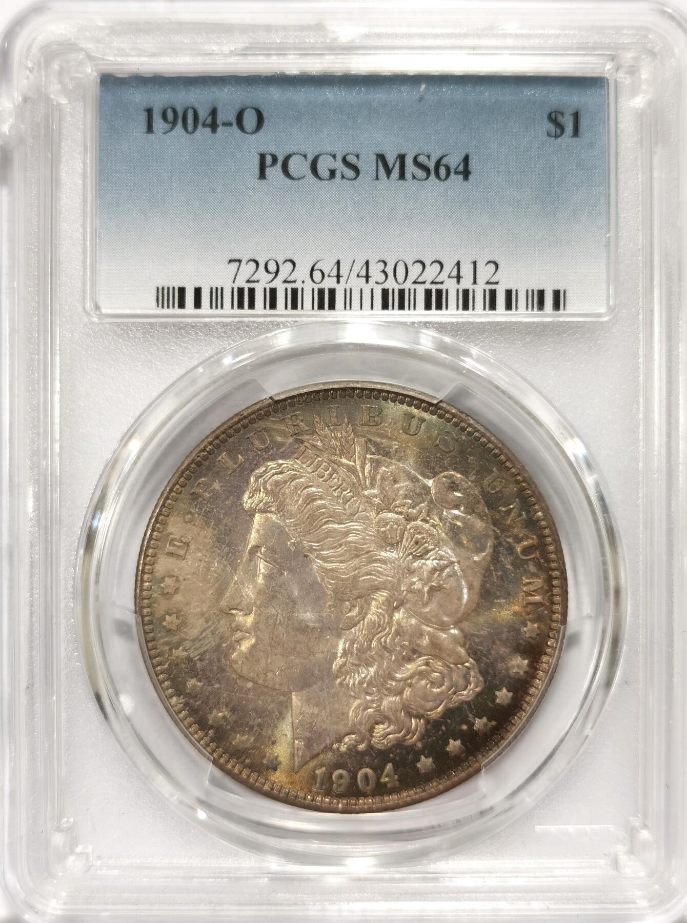 博洋堂世界钱币拍卖第104期（全场包邮） PCGS MS64 美国1904年O版摩根$1银币 双面渐变五彩包浆 光面底板 外壳在运输途中磕裂 未影响密封 瑕不掩瑜