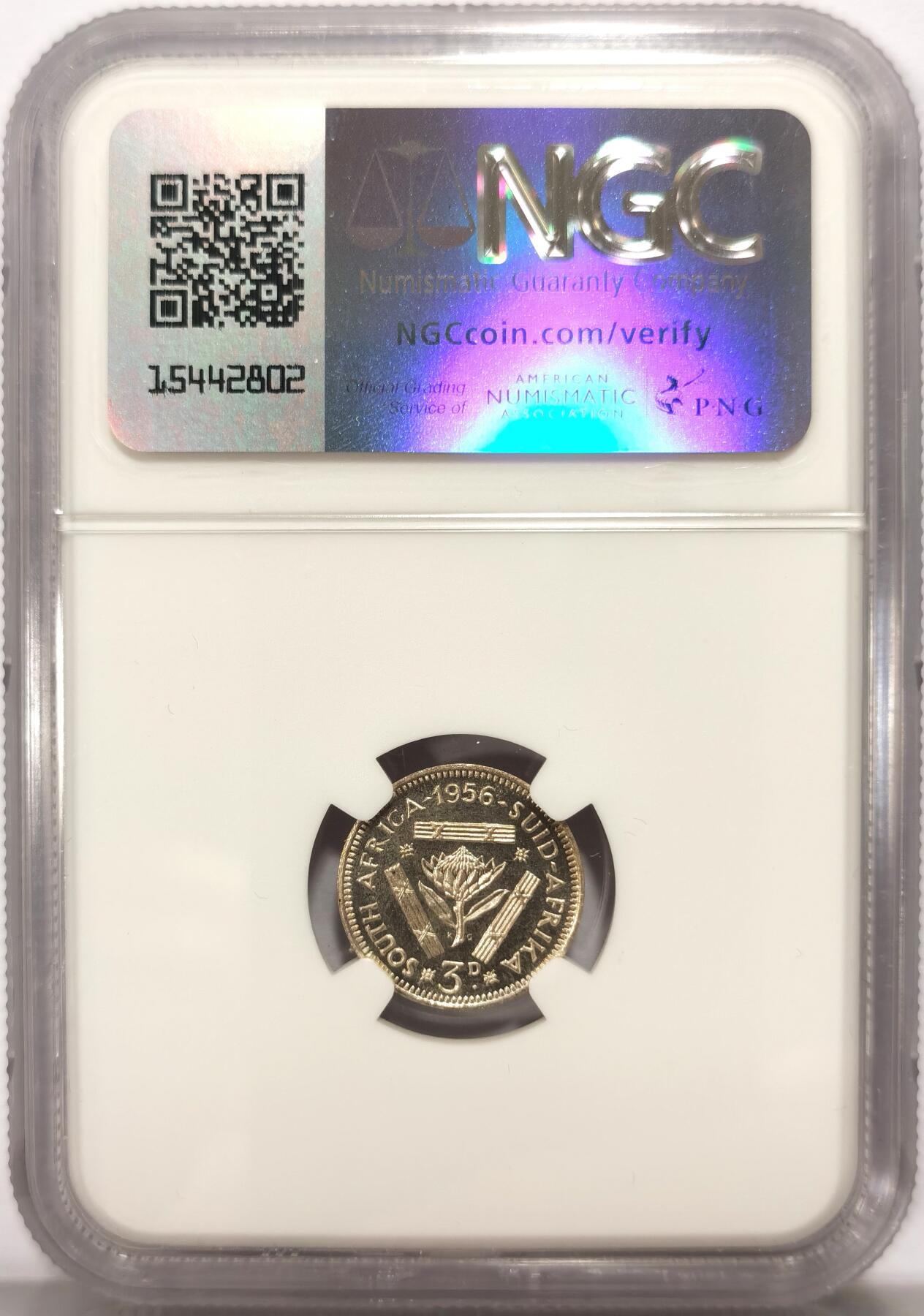 博洋堂世界钱币拍卖第104期（全场包邮） NGC PF67 英属南非1956年伊丽莎白二世3便士令银币 帝王花 极高分