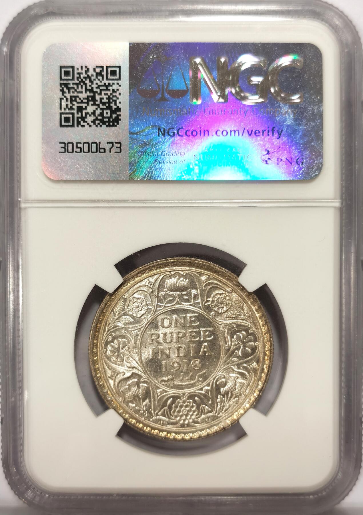博洋堂世界钱币拍卖第104期（全场包邮） 英属印度1918年B版乔治五世1卢比银币NGC-MS63，原汁原味五彩老包浆，包浆醇厚币面清爽干净又漂亮，状态极佳，