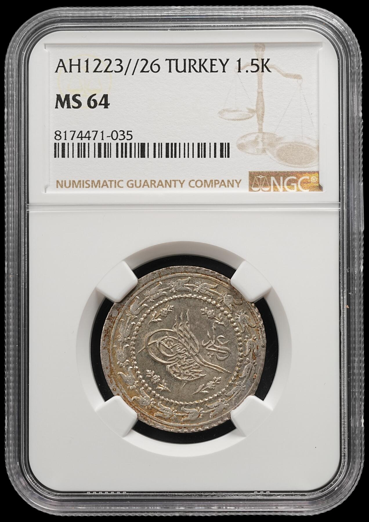 修遠堂世界钱币第五十一期 全场包邮 NGC MS64 AH1223//26 奥斯曼帝国 1.5KURUSH银币