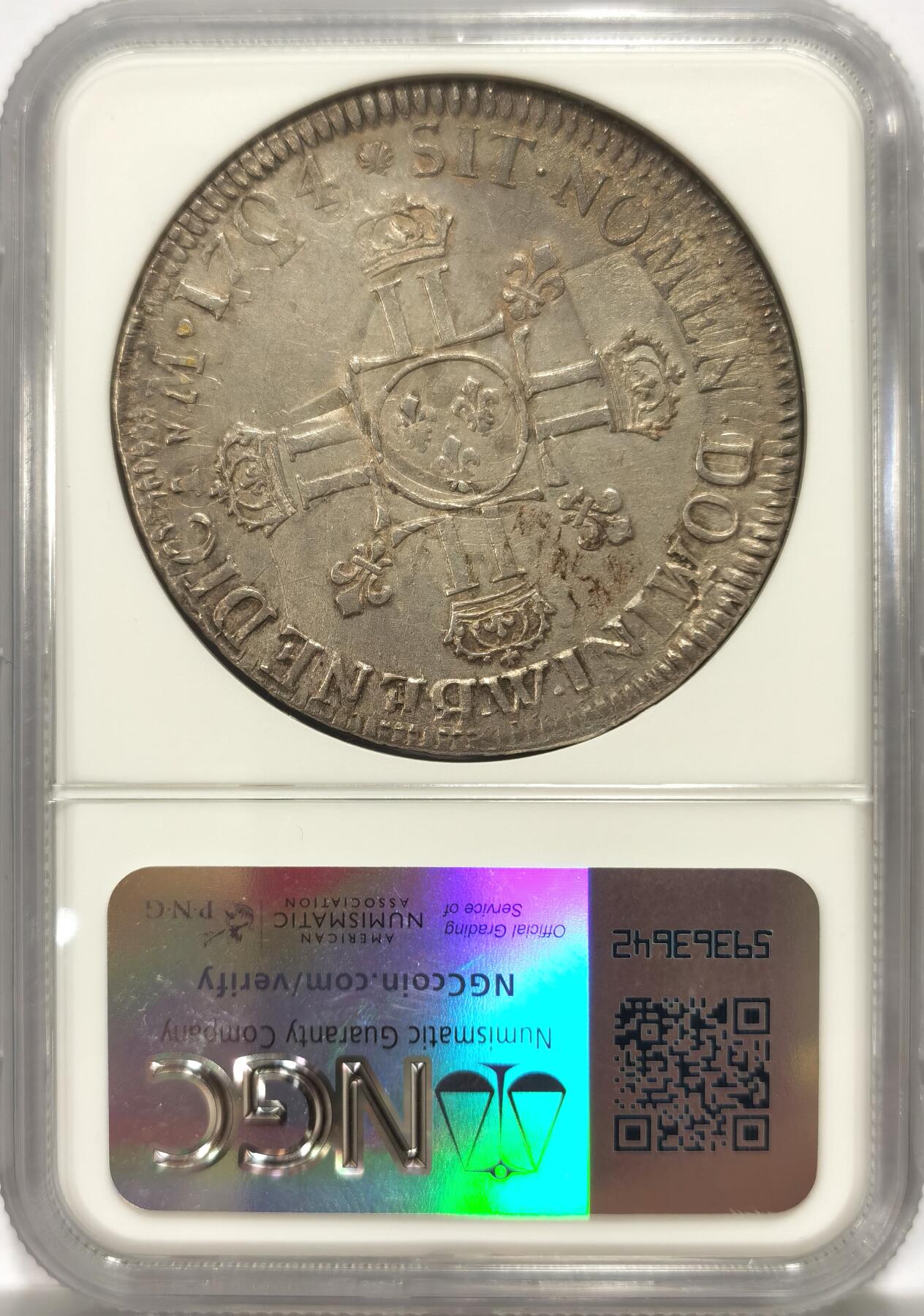 博洋堂世界钱币拍卖第104期（全场包邮） NGC AUD 法国1704年W里尔厂别路易十四太阳王埃居大银 深度欧陆包浆复打人物打制深邃