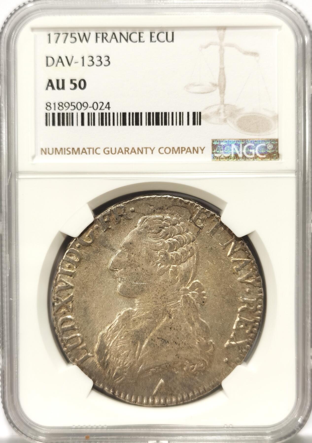 博洋堂世界钱币拍卖第104期（全场包邮） NGC AU50 法国1775年W厂路易十六埃居大银 底版银光闪闪 更高分只有八枚